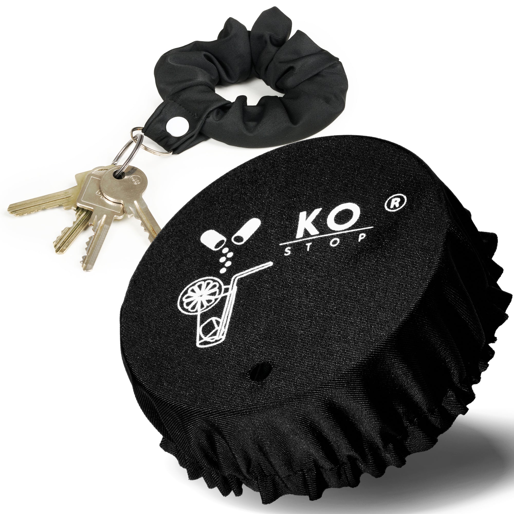 Ko Stop® 4in1 Mehrweg-Getränkeschutzabdeckung – Haarband / Scrunchie mit Ko Stop Logo