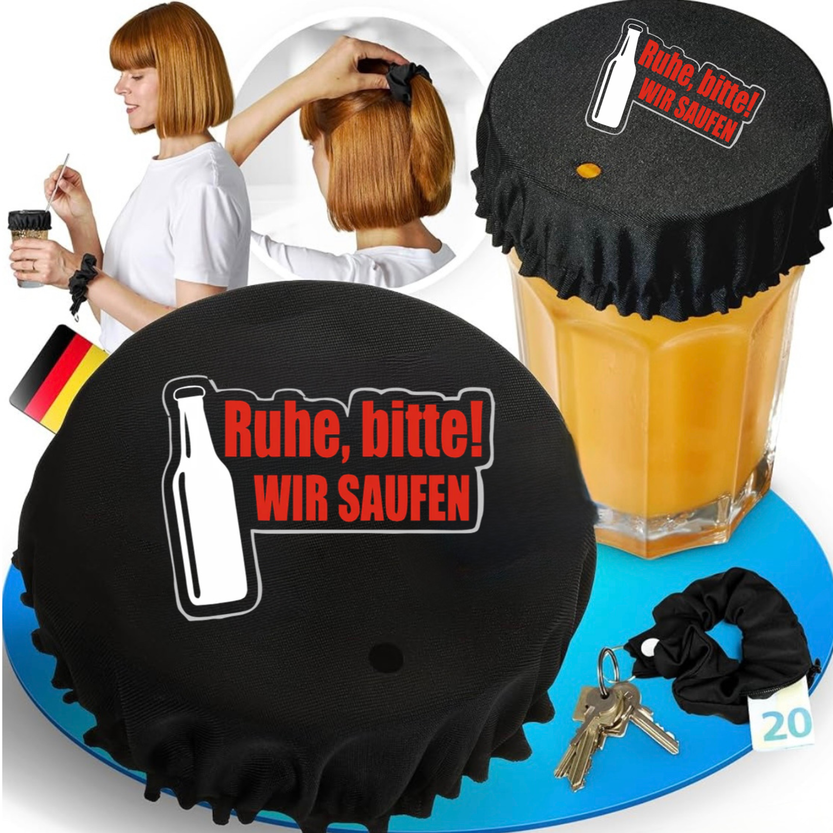 Ruhe Bitte Wir Saufen 4in1 Getränkeschutz Haarband Scrunchie Schutz vor Ko Tropfen, wiederverwendbar!