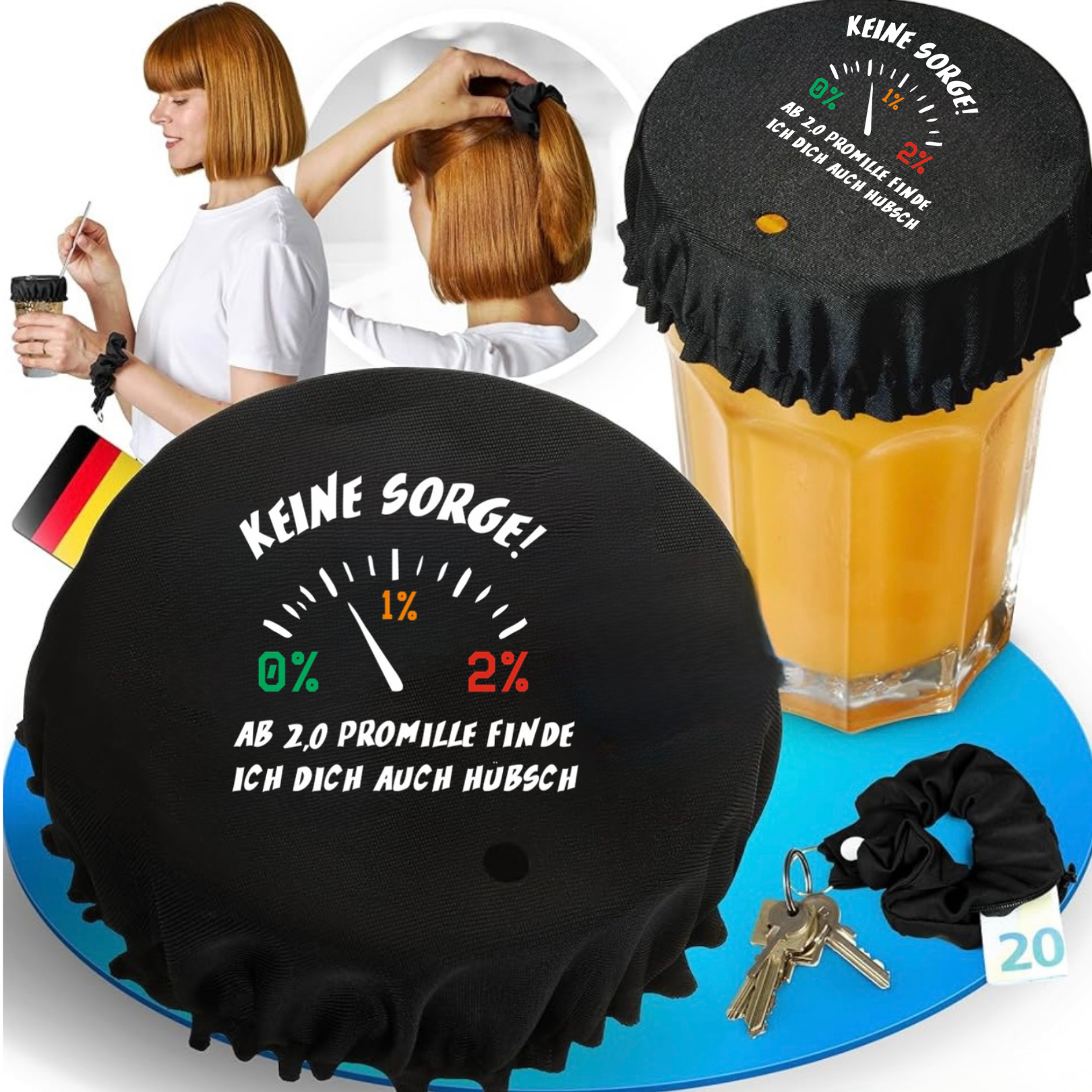 Keine Sorge ! Ab 2,0 Promille finde ich dich auch Hübsch! Getränkeschutz Haarband Scrunchie Schutz vor Ko Tropfen, wiederverwendbar!