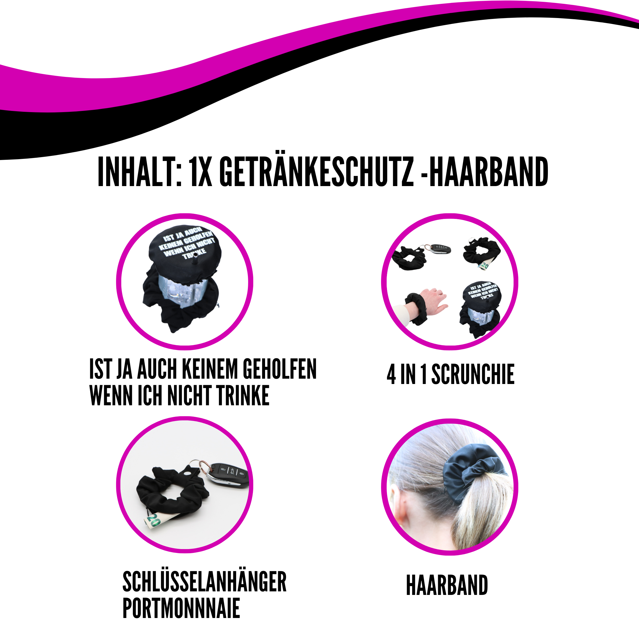 KO-Stop Ist ja auch keinem geholfen wenn ich nicht Trinke Getränkeschutz Haarband Scrunchie Schutz vor K.O.-Tropfen, wiederverwendbar! - Ko-Stop