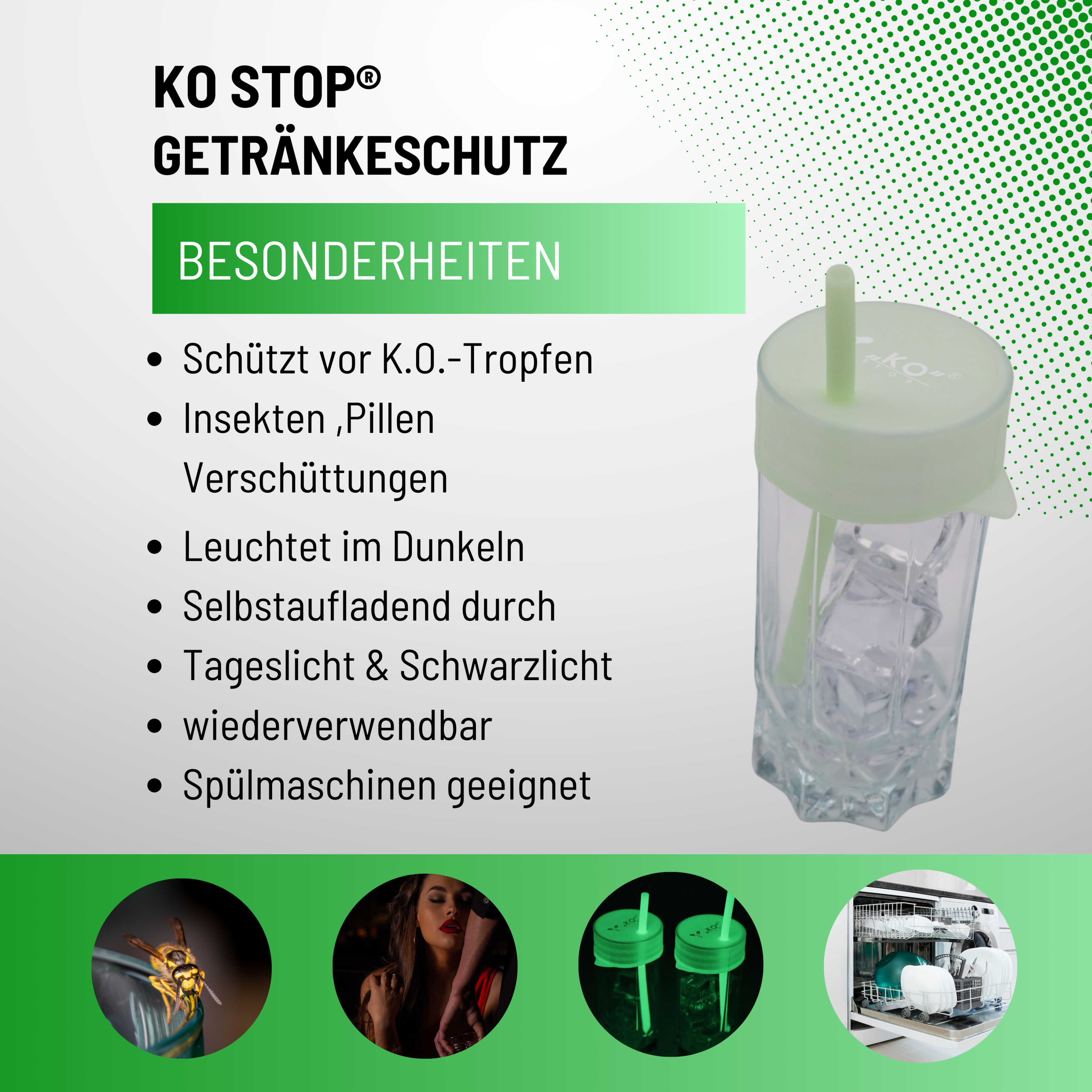 KO Stop® – Getränkeschutzdeckel Set: K.o. Tropfen, Insekten und Verschüttungen abwehren – aus leuchtendem Silikon und wiederverwendbarem Strohhalm!"