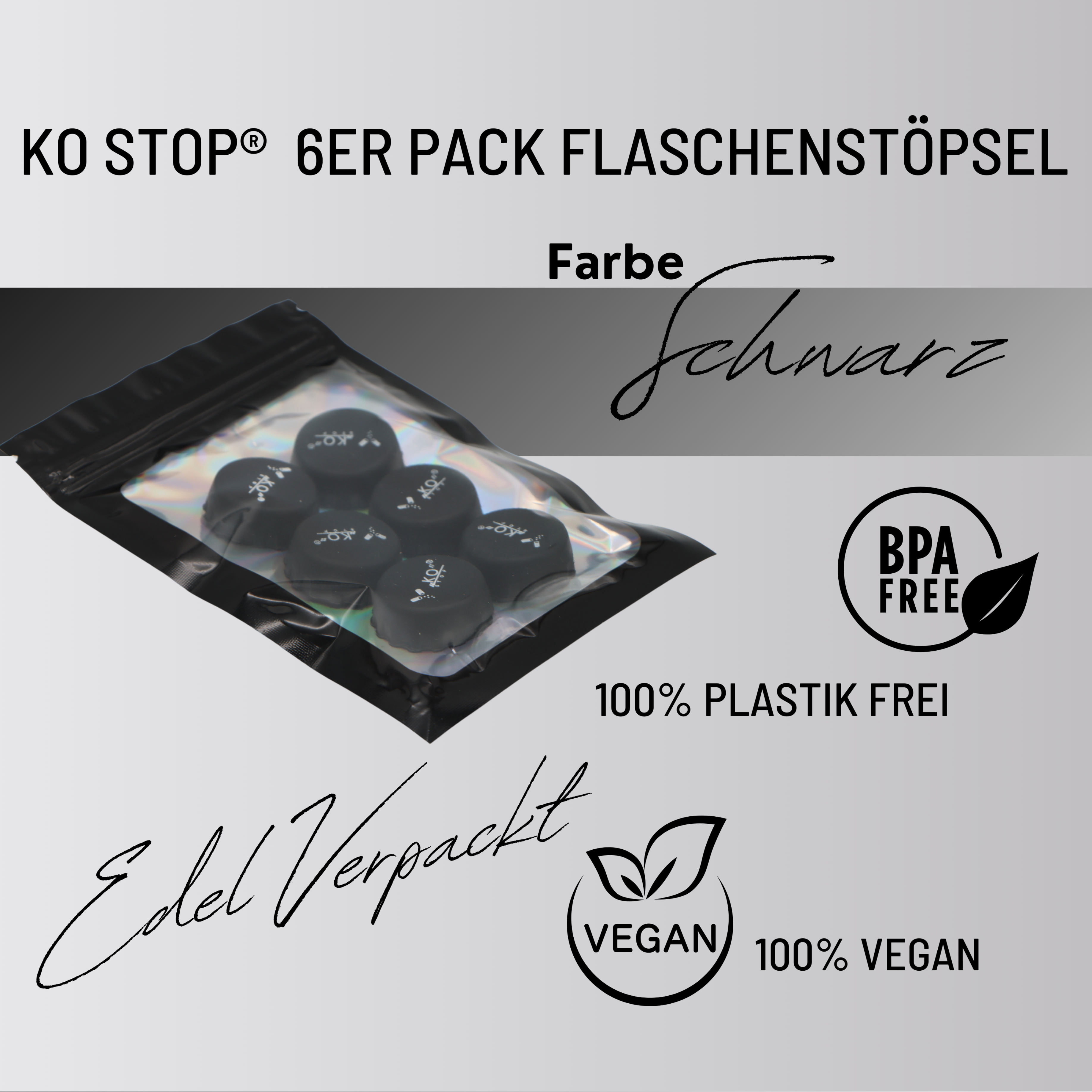 KO Stop® Flaschenschutz Getränkeflaschen Flaschenstöpsel 6er Pack Schwarz