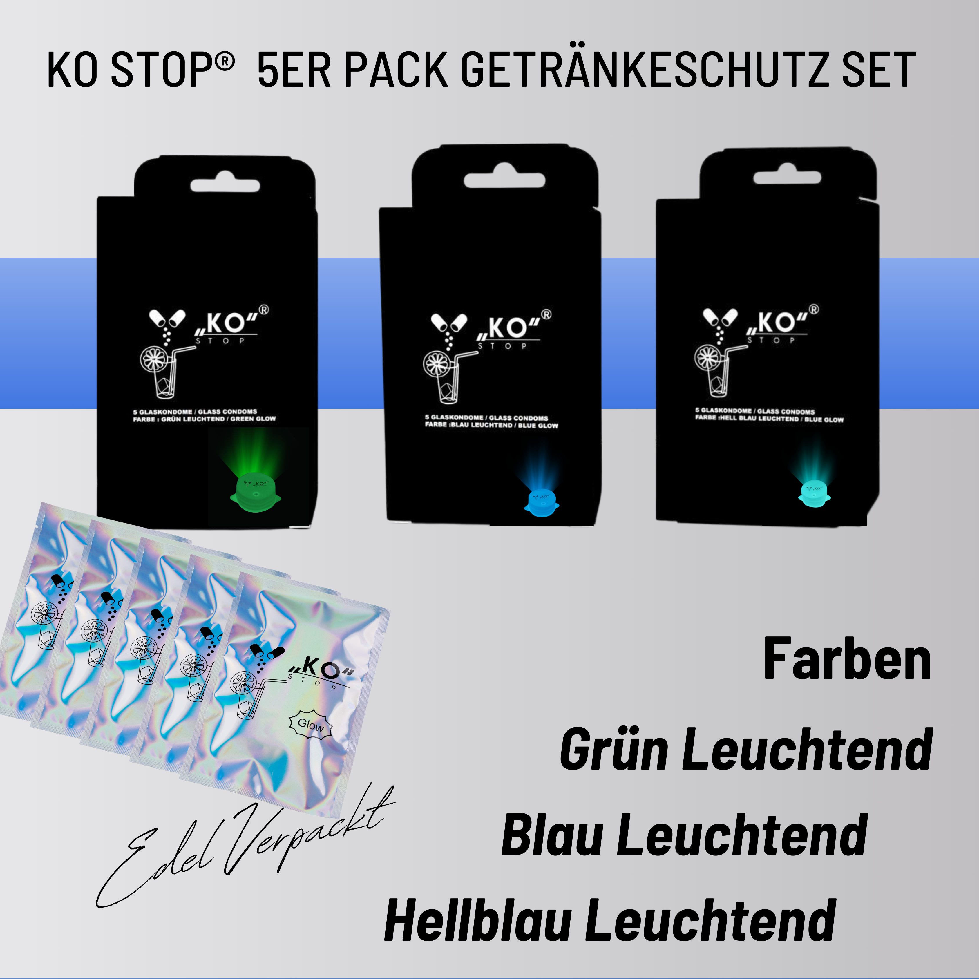 KO Stop® 5er Pack Getränkeschutz gegen K.o. Tropfen, Insekten und Verschüttungen – jetzt mit Leuchteffekt für sicheres Feiern Blau leuchtend