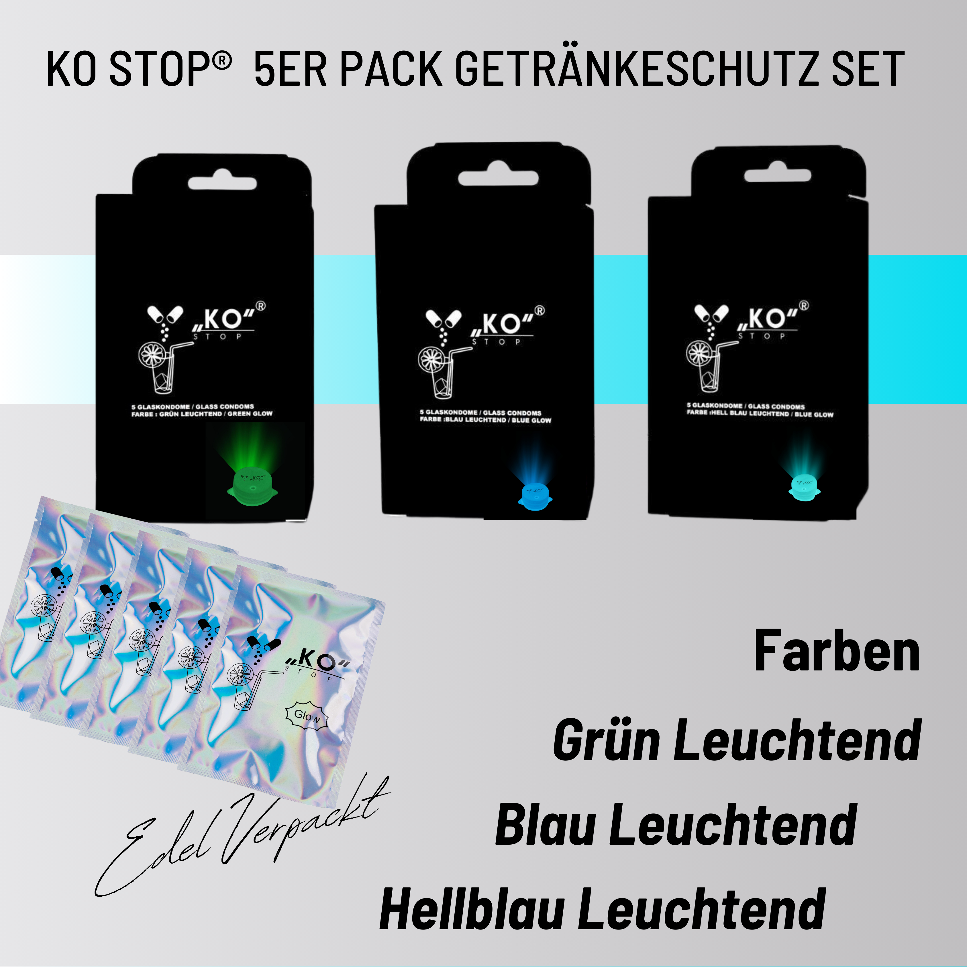 KO Stop® 5er Pack Getränkeschutz gegen K.o. Tropfen, Insekten und Verschüttungen – jetzt mit Leuchteffekt für sicheres Feiern Hellblau leuchtend