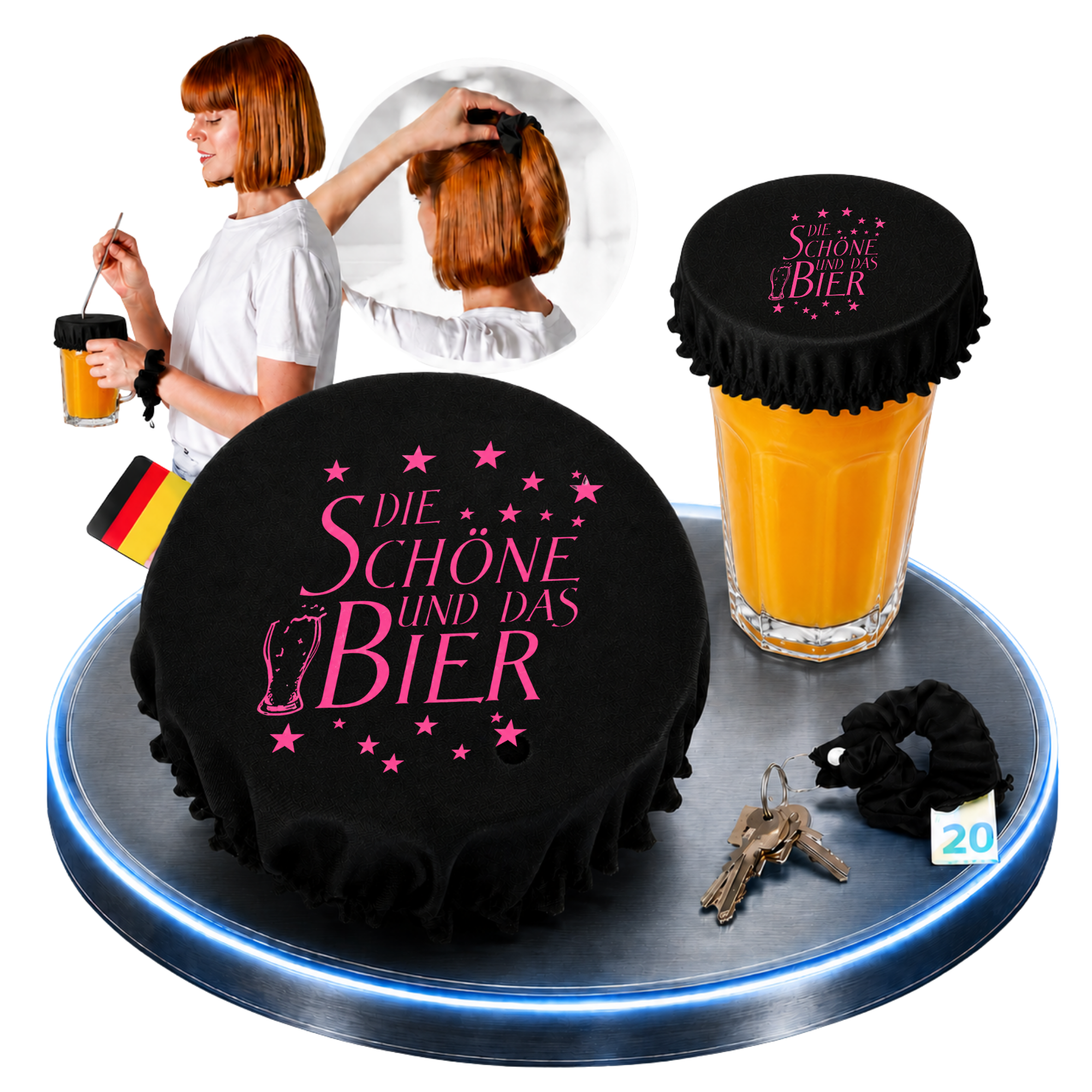 KO STOP® Getränkeschutz Scrunchie 4in1 – Die Schöne und das Bier