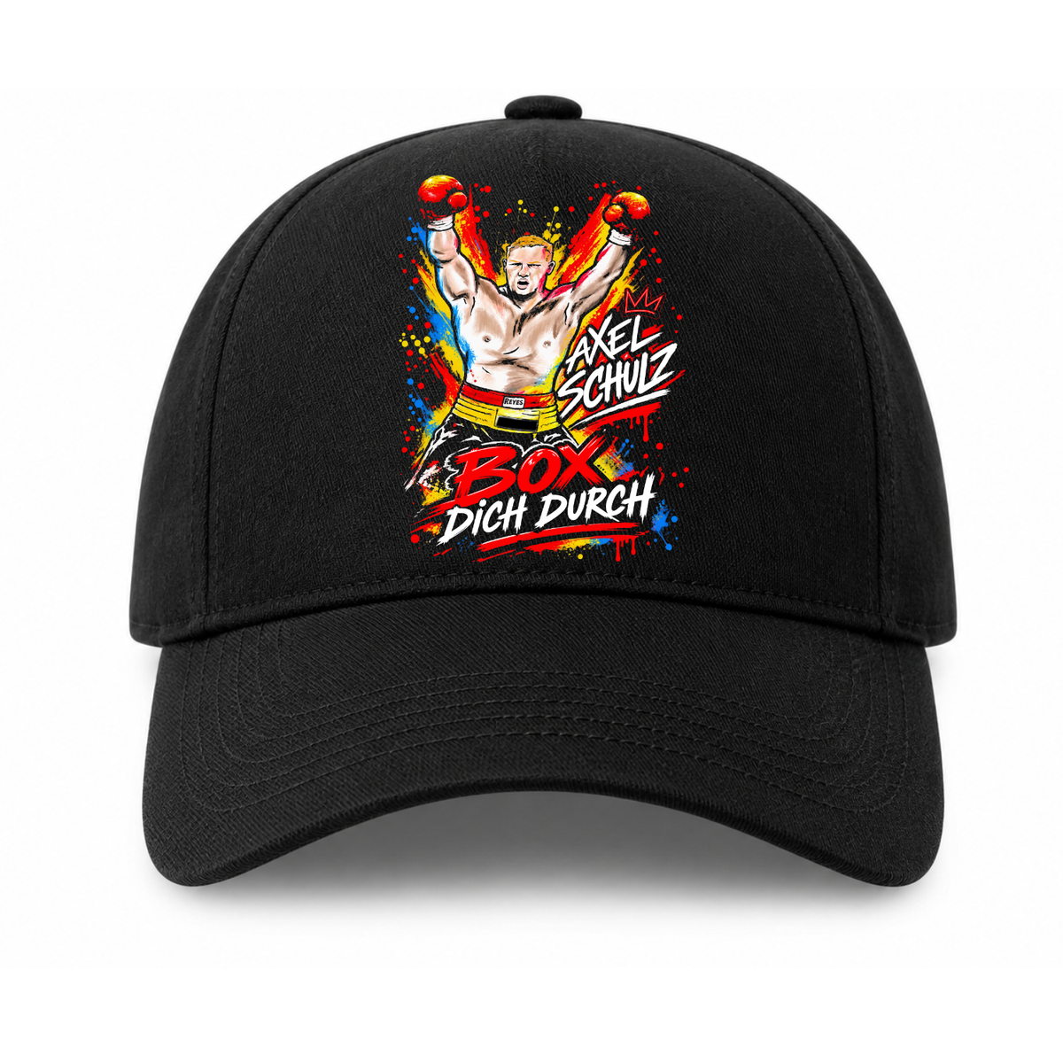 Schwarze Axel-Schulz-Cap AS-BDD-004 mit farbigem Boxer-Motiv und „Box dich durch“-Schriftzug – Vorderansicht.