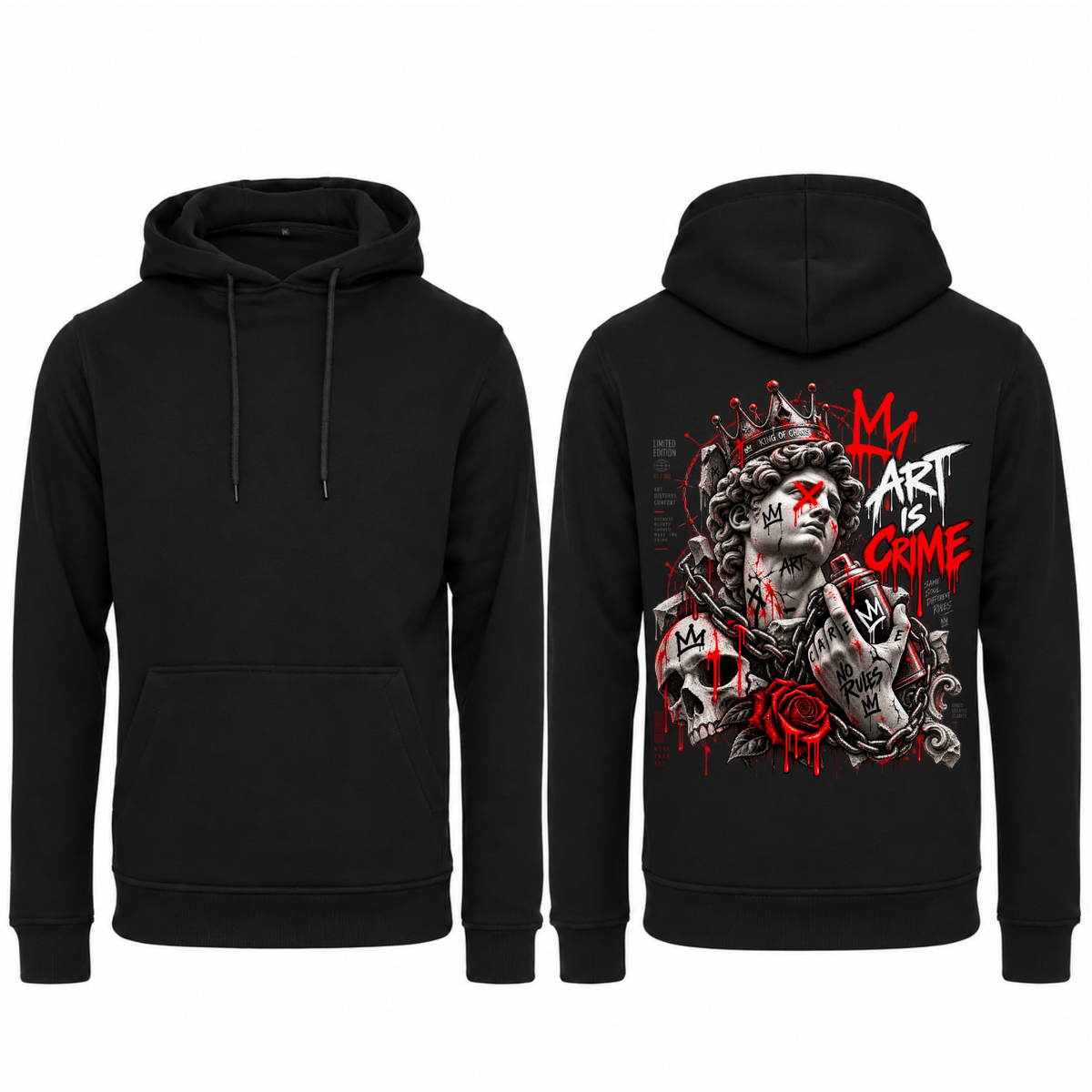Schwarzer Krayo-Art-Hoodie mit Art-is-Crime-Rückenmotiv: gekrönte Skulptur, Totenkopf und rote Rose