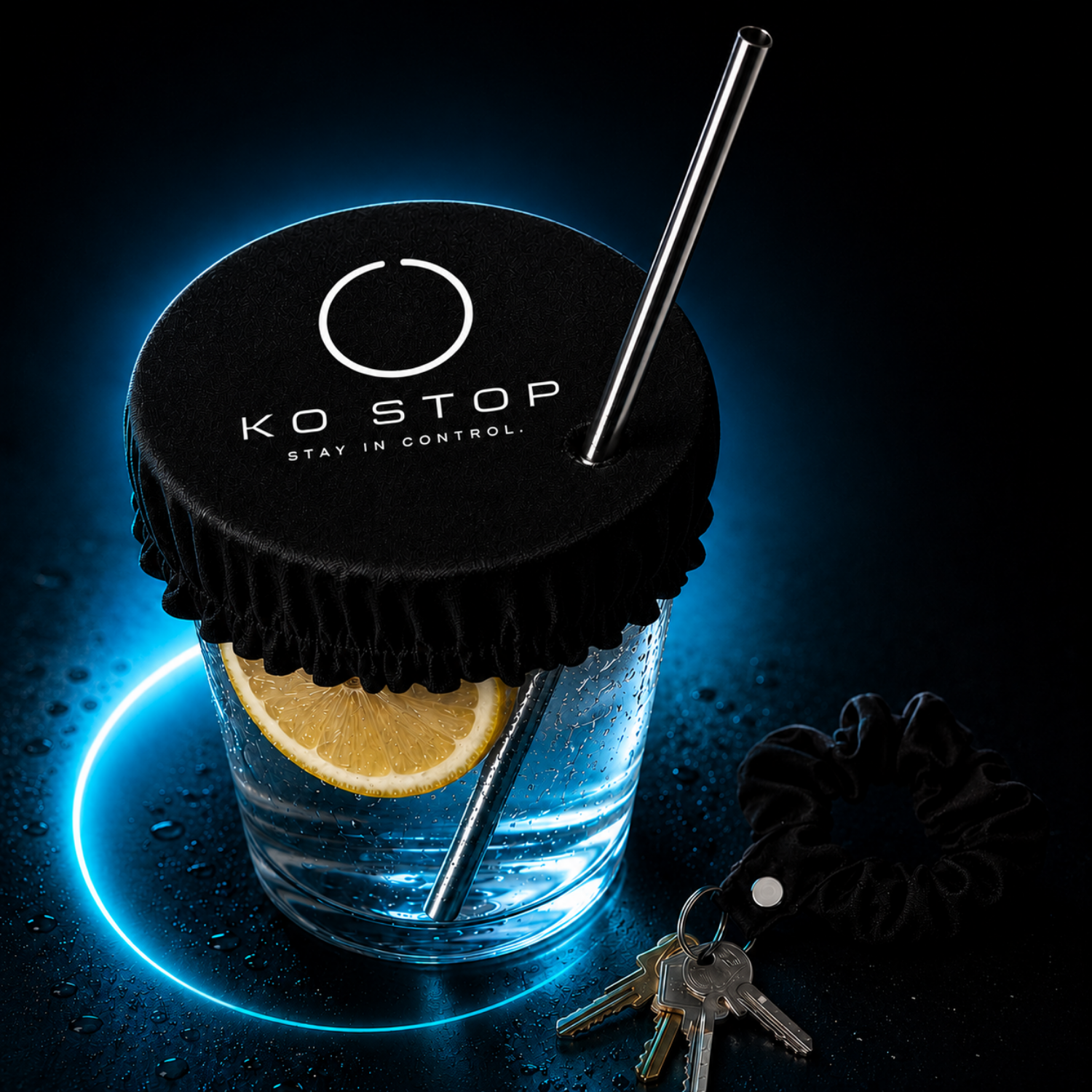 KO STOP® Getränkeschutz-Abdeckung mit Edelstahl-Trinkhalm auf einem Wasserglas mit Zitronenscheibe. Schwarzes Premium-Design mit weißem Logo vor blauem Neon-Hintergrund.