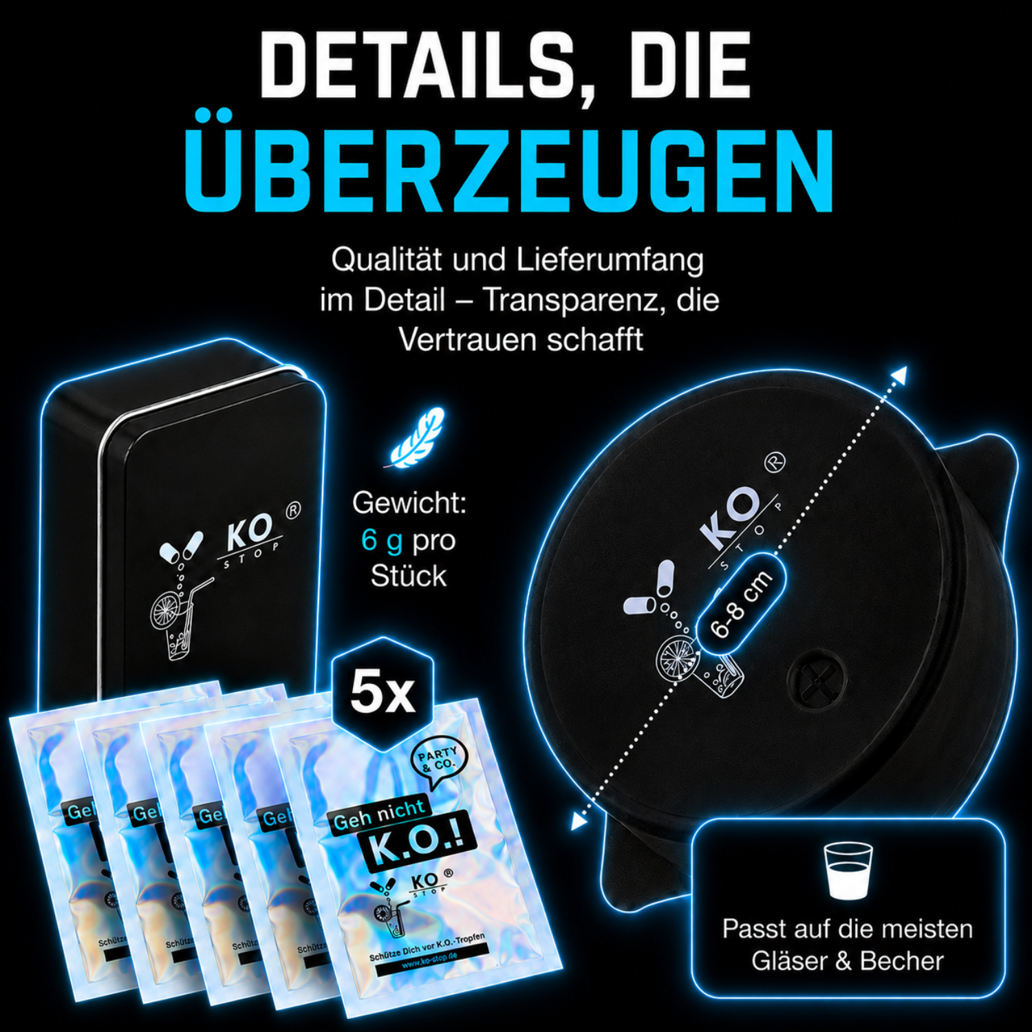 Premium Produktbild des schwarzen KO STOP® Getränkeschutzes mit 6–8 cm Durchmesser, Aufbewahrungsbox und einzeln verpackten Drinkcovern für verschiedene Glasgrößen.
