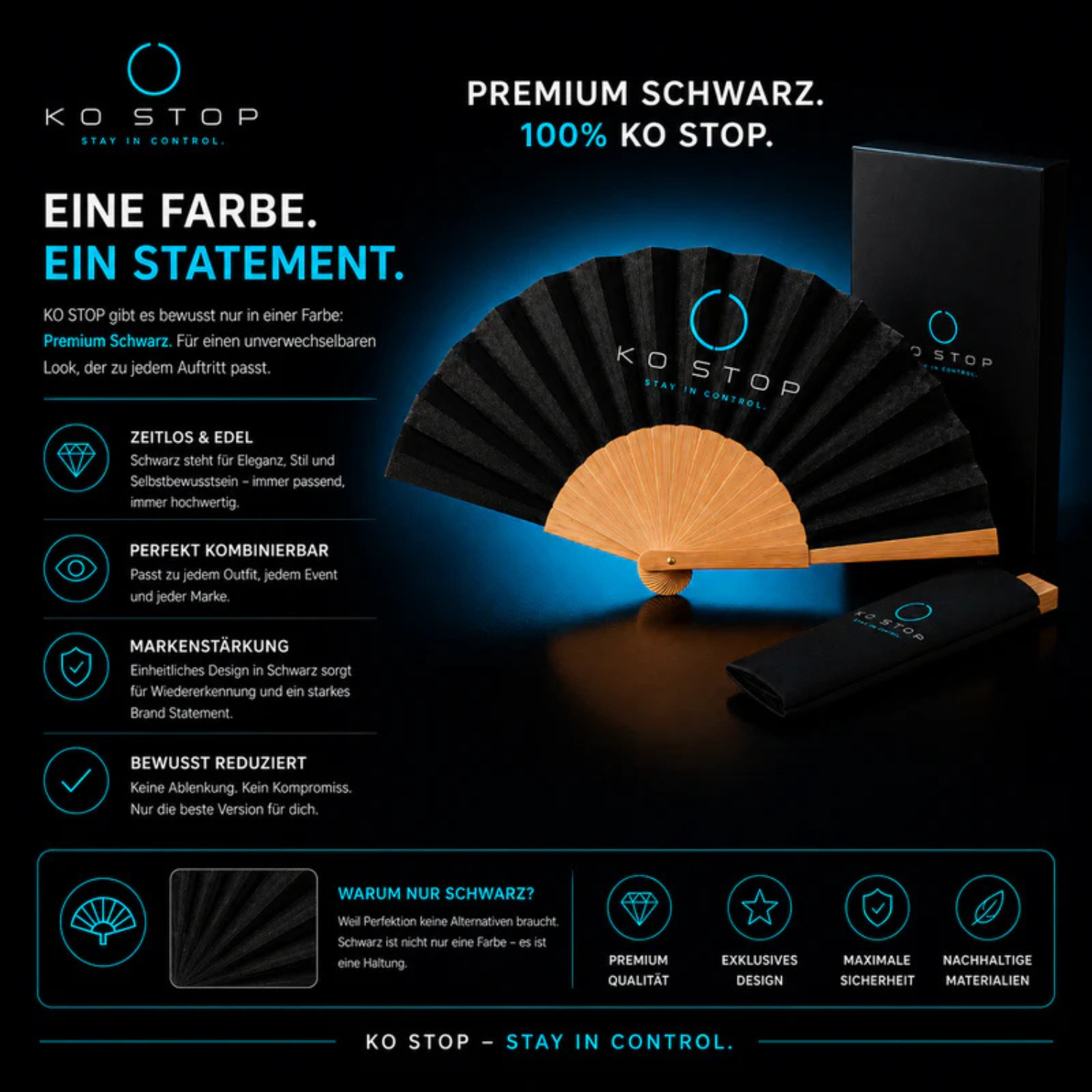 KO STOP Premium Fächer in Schwarz mit exklusivem Statement-Design – eleganter Eventfächer aus Bambus für Clubs und Festivals