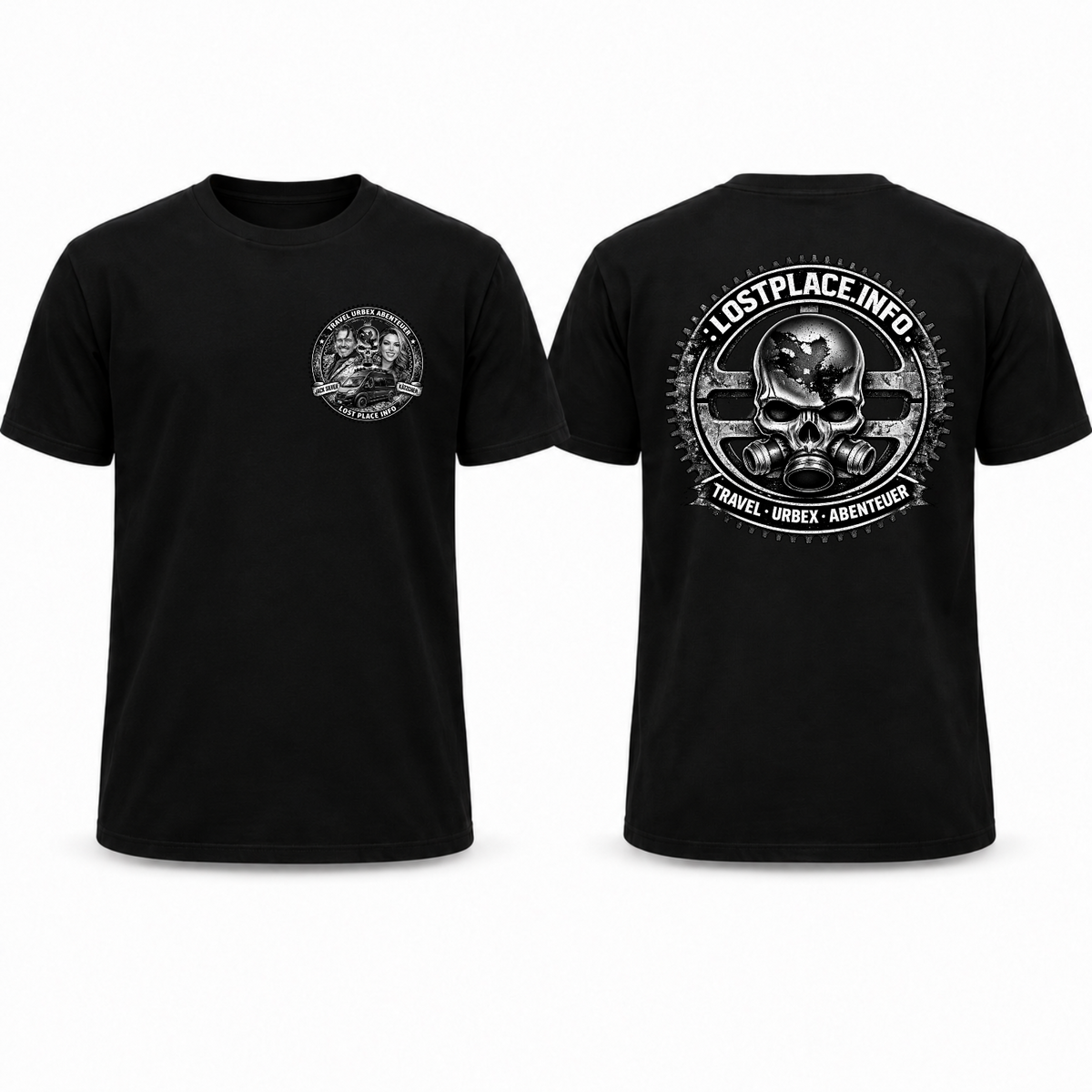LostPlace.info T-Shirt in Schwarz – kleines Brustlogo vorne und großes Totenkopf-Logo hinten