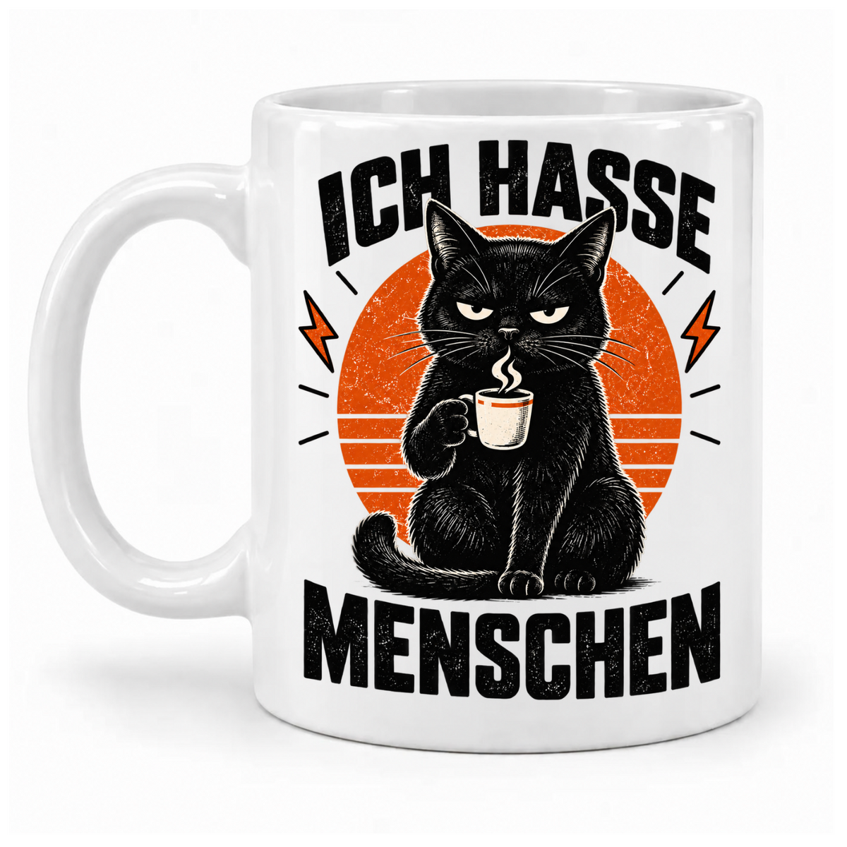 Weiße Tasse „Ich hasse Menschen“ mit schwarzer Katze, Kaffeetasse und orangefarbenem Retro-Hintergrund – Griff links.