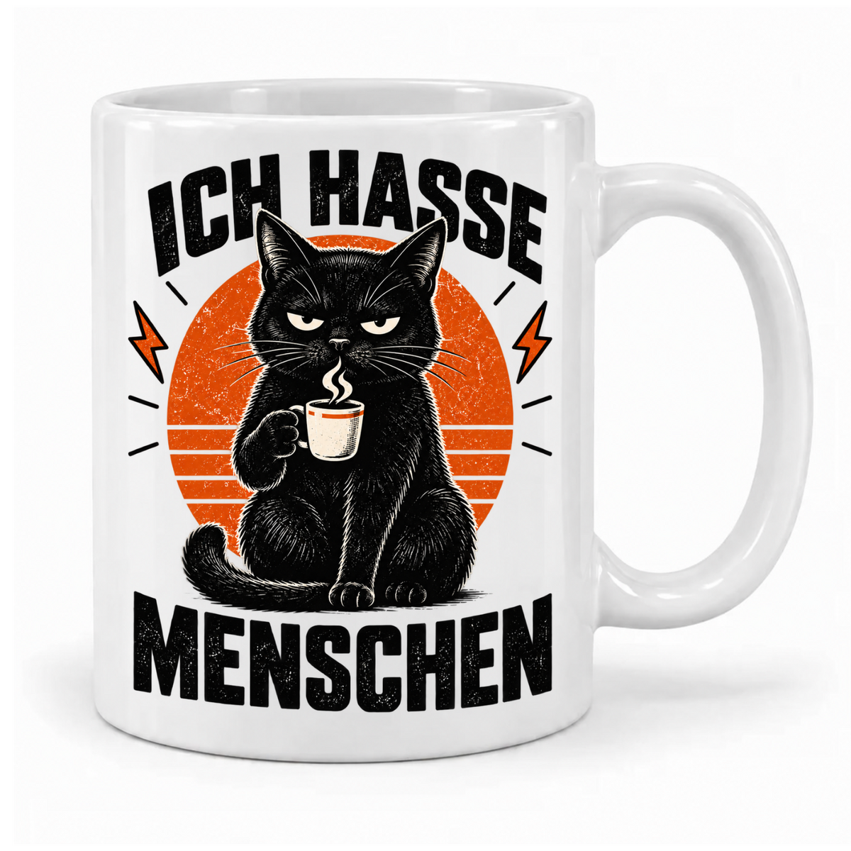 Weiße Tasse „Ich hasse Menschen“ mit schwarzer Katze, Kaffeetasse und orangefarbenem Retro-Hintergrund – Griff rechts.
