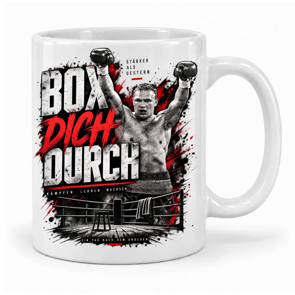 Weiße Axel-Schulz-Tasse mit Boxer-Motiv und Schriftzug „Box dich durch“ in Schwarz, Weiß und Rot, Griff rechts