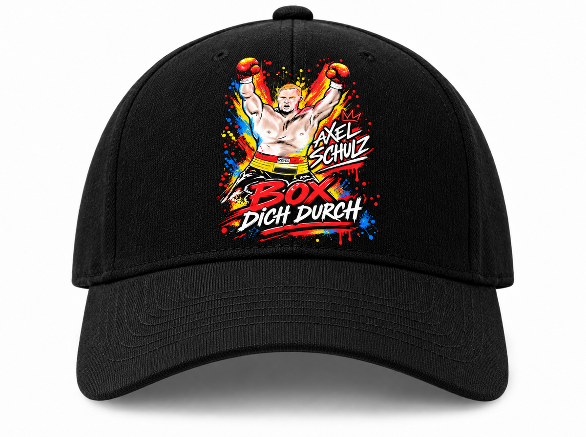 Schwarze Axel-Schulz-Cap mit farbigem Boxer-Motiv und Schriftzug Box dich durch