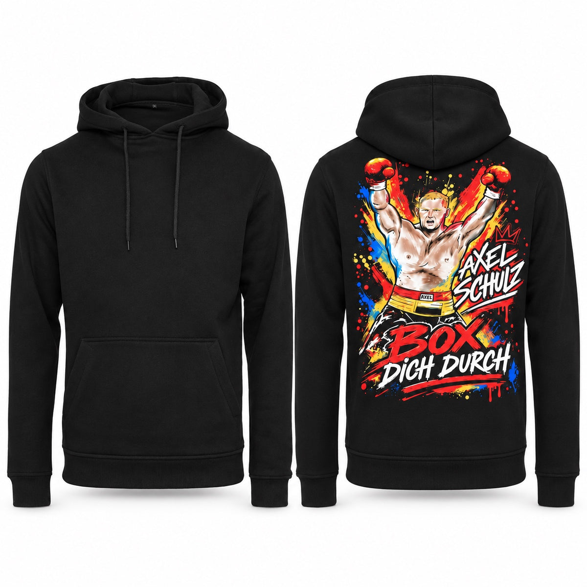 Axel Schulz Hoodie Box dich durch in Schwarz – Vorder- und Rückseite