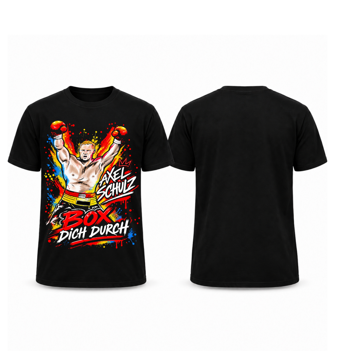 Schwarzes Axel-Schulz-T-Shirt AS-BDD-001 mit farbigem „Box dich durch“-Boxermotiv vorne und unbedruckter Rückseite.