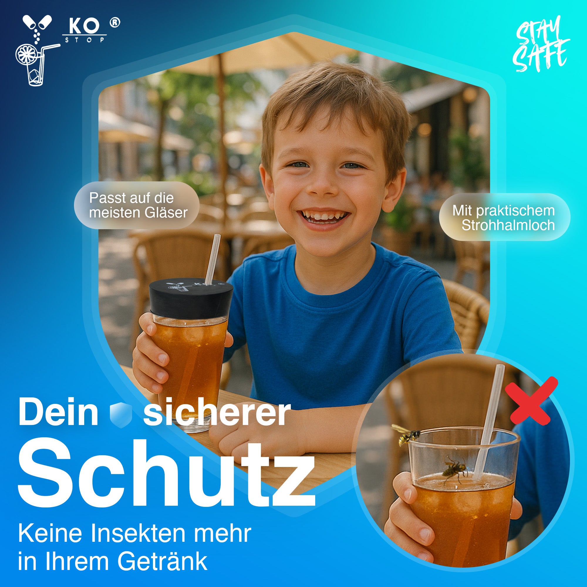 Einweg Latex Getränkeschutz auf Getränk zum Schutz vor Insekten wie Wespen bei Kind