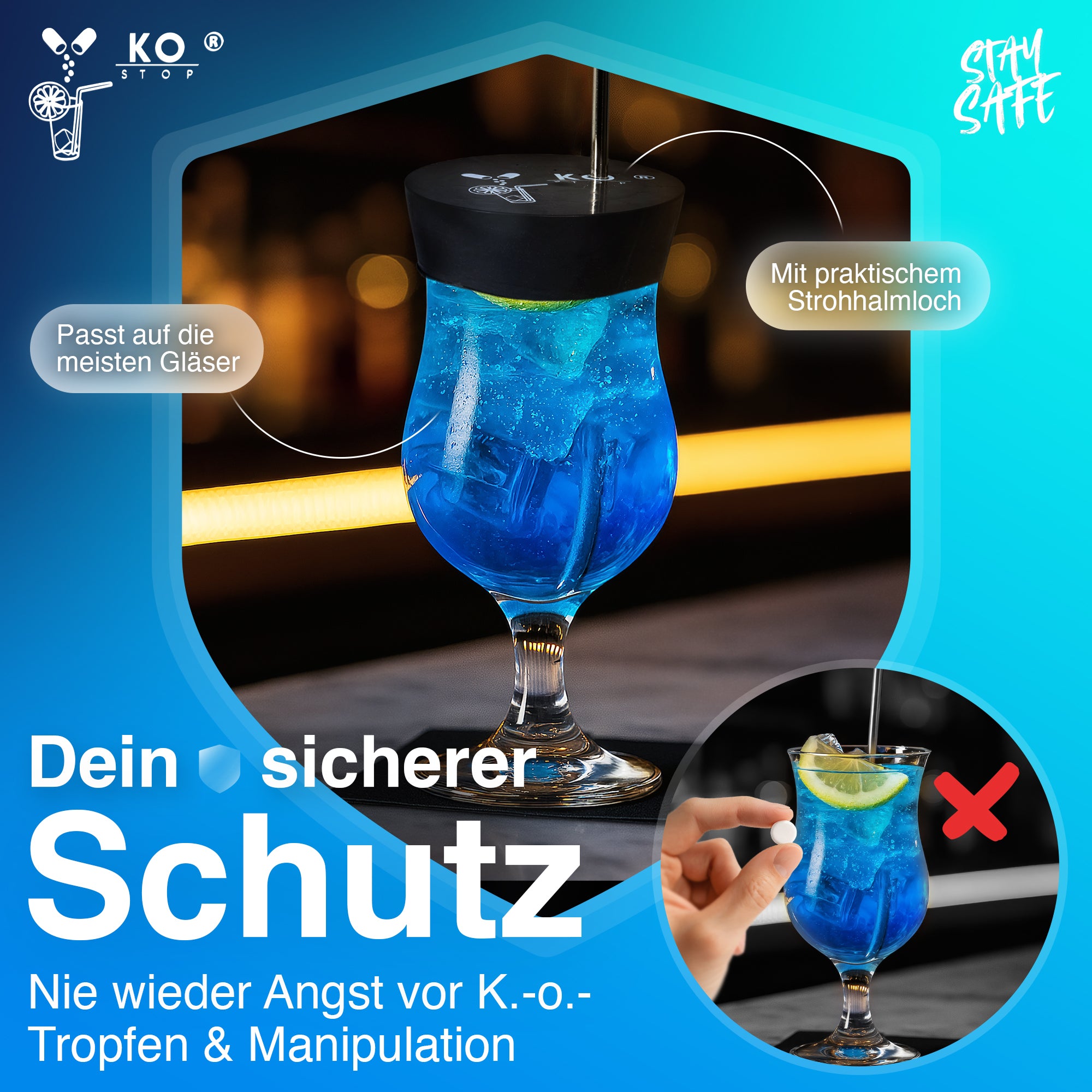 Einweg Latex Drink Cover Anwendung mit Trinkhalm auf Becher