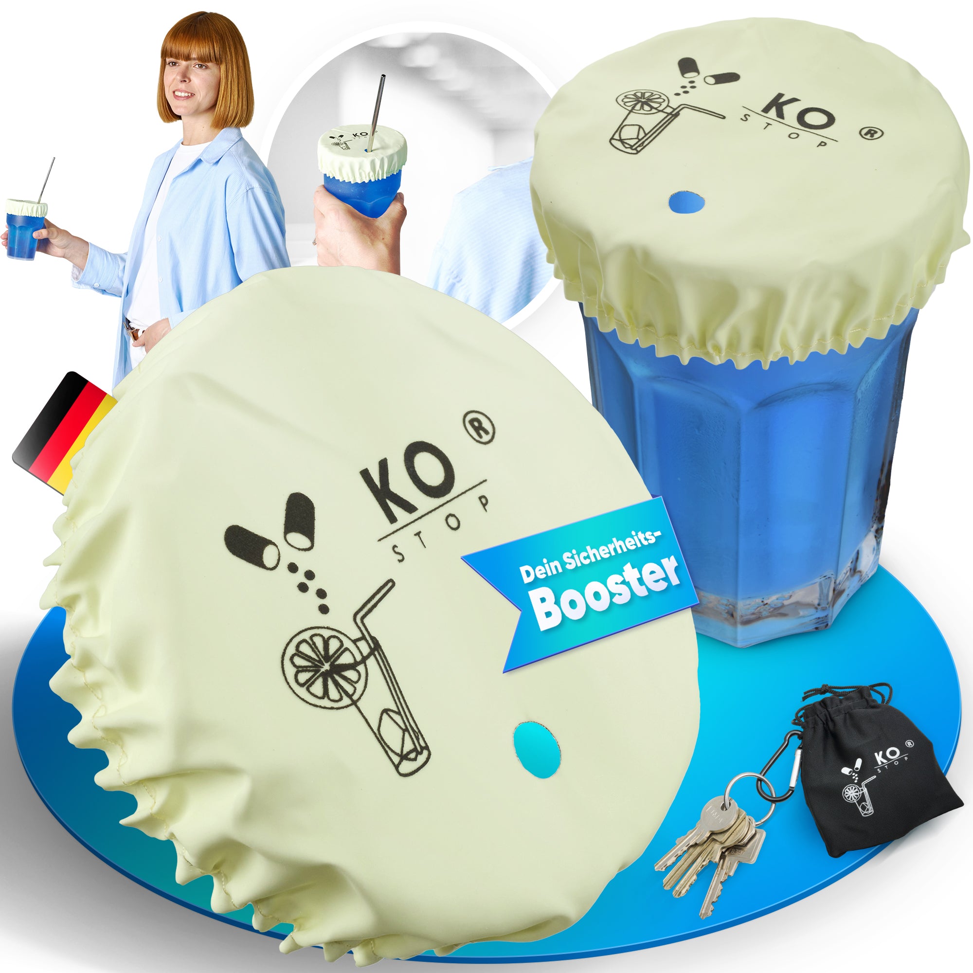 Leuchtender 2-in-1 Getränkeschutz mit Schlüsselanhänger Drink Cover Set KO STOP