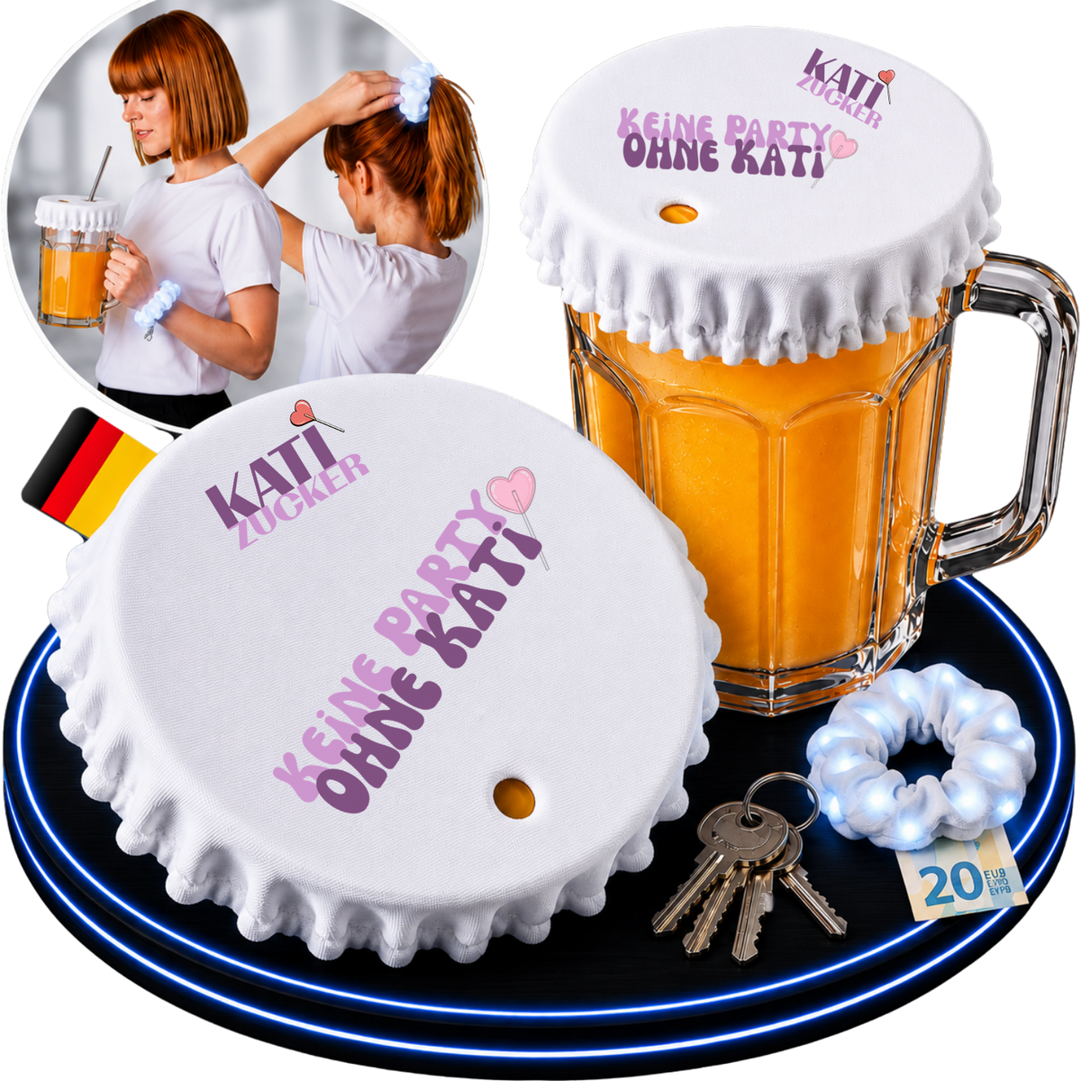 KATI ZUCKER weißer LED-Getränkeschutz 5in1 mit Scrunchie und Schlüsselhalter.