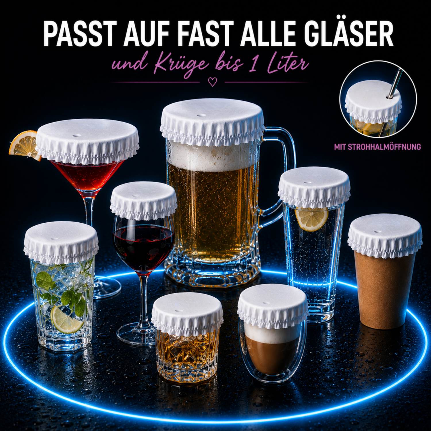 KATI ZUCKER LED-Getränkeschutz 5in1 für Gläser, Becher und viele 1-Liter-Krüge.
