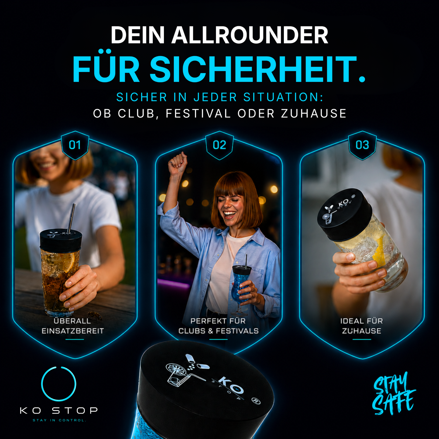 KO STOP Getränkeschutz für Clubs, Festivals, Gartenpartys und Zuhause – vielseitiger Schutz für nahezu jedes Getränk.
