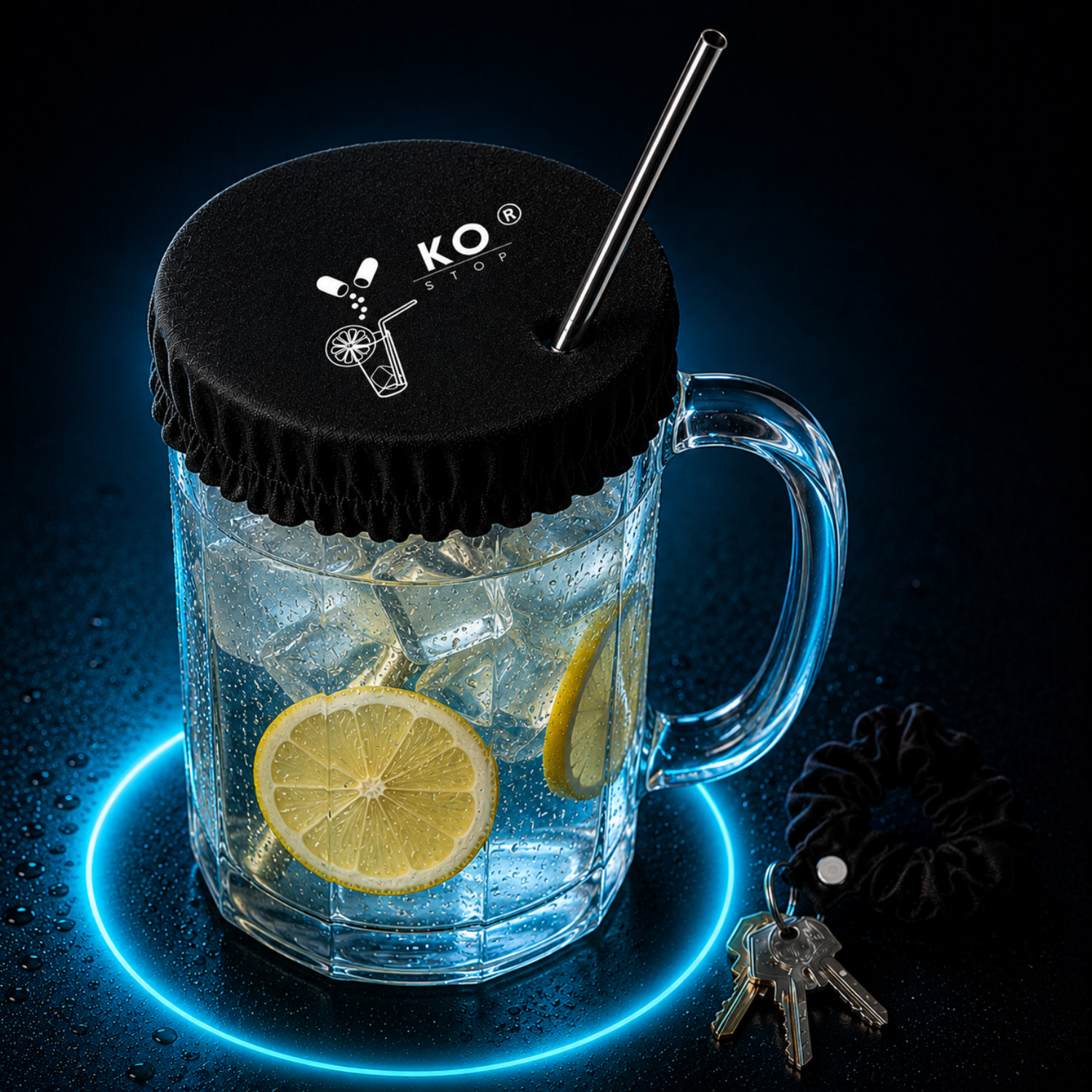 Schwarzes KO Stop Drinkcover im Neon-Look mit Mallorca Branding und Schlüssel-Scrunchie.