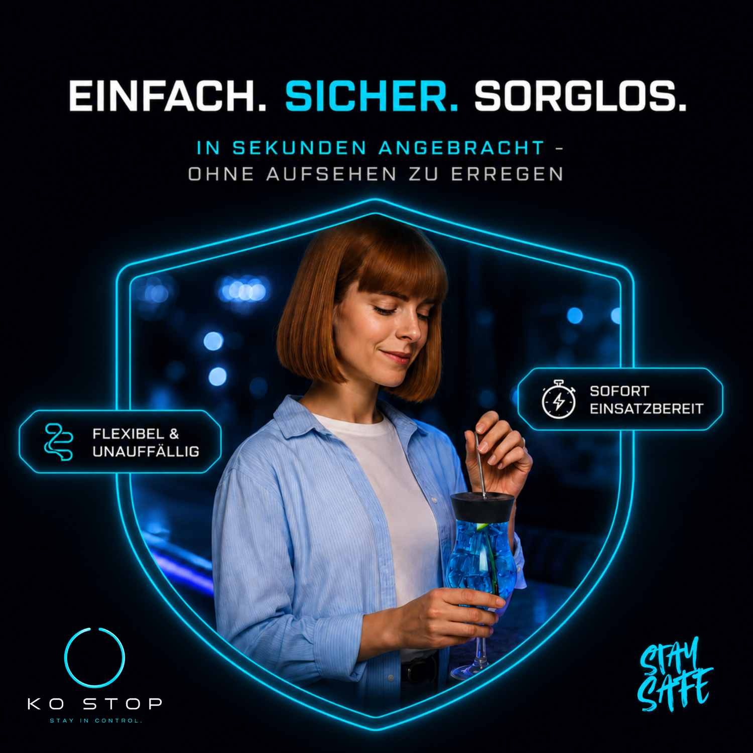 Diskreter KO STOP Getränkeschutz lässt sich innerhalb von Sekunden anbringen und schützt Getränke unauffällig im Alltag und Nachtleben.