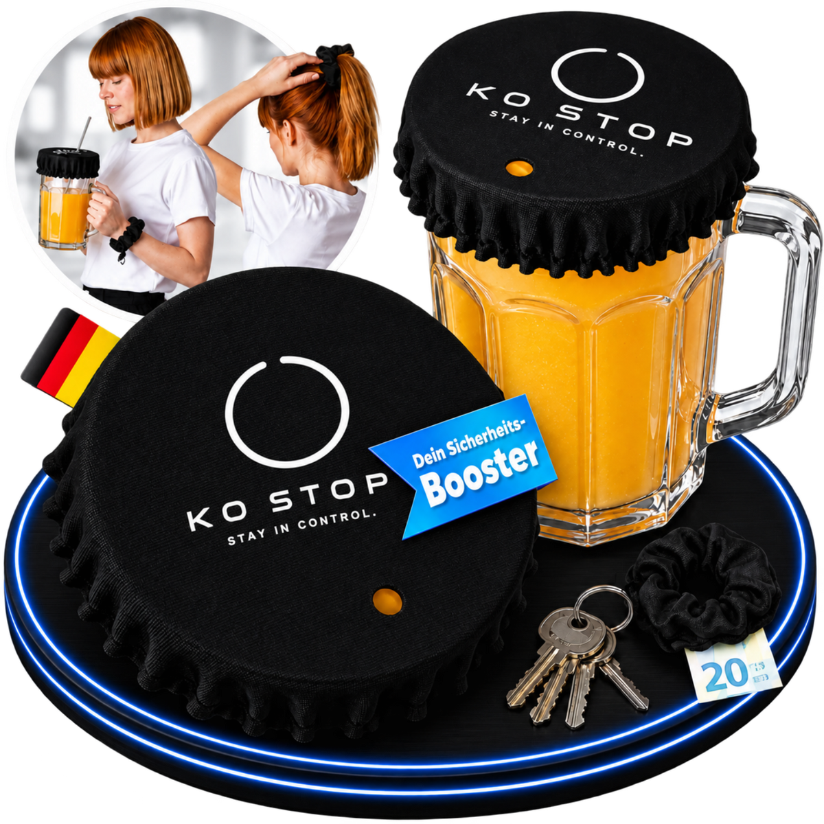 Schwarzer KO STOP 4in1-Getränkeschutz für 1-Liter-Krüge mit weißem KO STOP Logo und Trinkhalmöffnung; dargestellt als Krugabdeckung und Scrunchie mit Schlüsselbund.