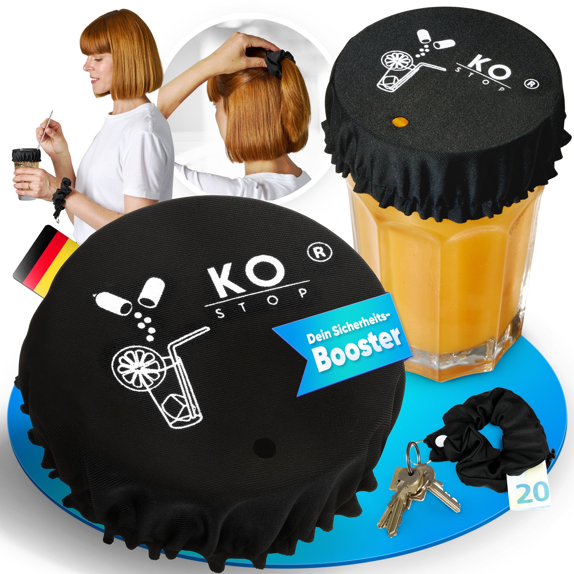 Ko Stop 4-in-1 Haarband Getränkeschutzdeckel – multifunktionaler
Anti-KO-Tropfen Schutz, nutzbar als Haargummi, Armband oder
Schlüsselanhänger