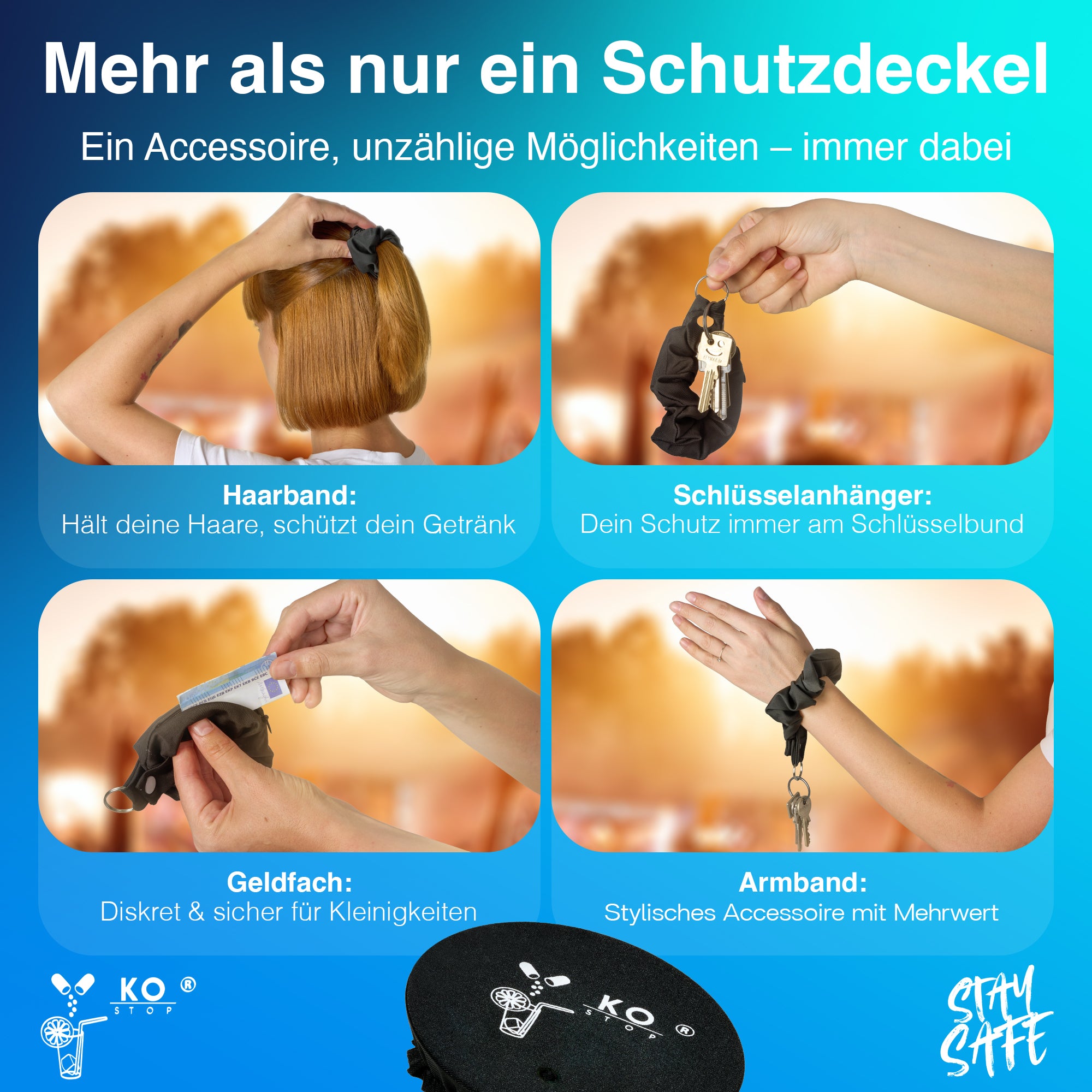 Multifunktionaler Ko Stop Schutzdeckel – 4-in-1 Accessoire als Haarband,
Schlüsselanhänger, Armband und Geldfach, sicherer Trinkschutz gegen
Ko Tropfen
