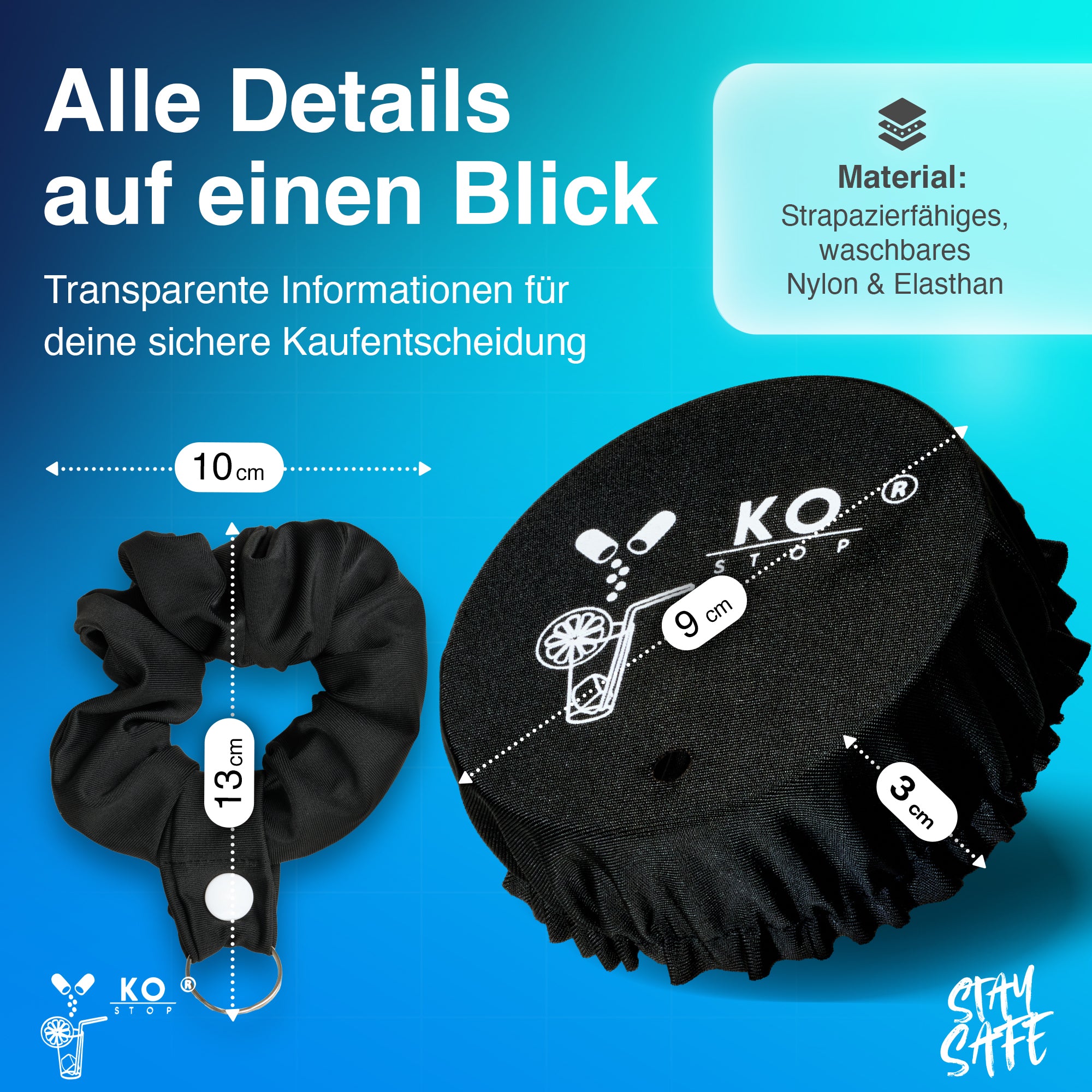 Ko Stop Haarband Getränkeschutz 9 cm – strapazierfähiger, elastischer
Anti-KO-Tropfen Deckel aus Nylon und Elasthan, vielseitig einsetzbar