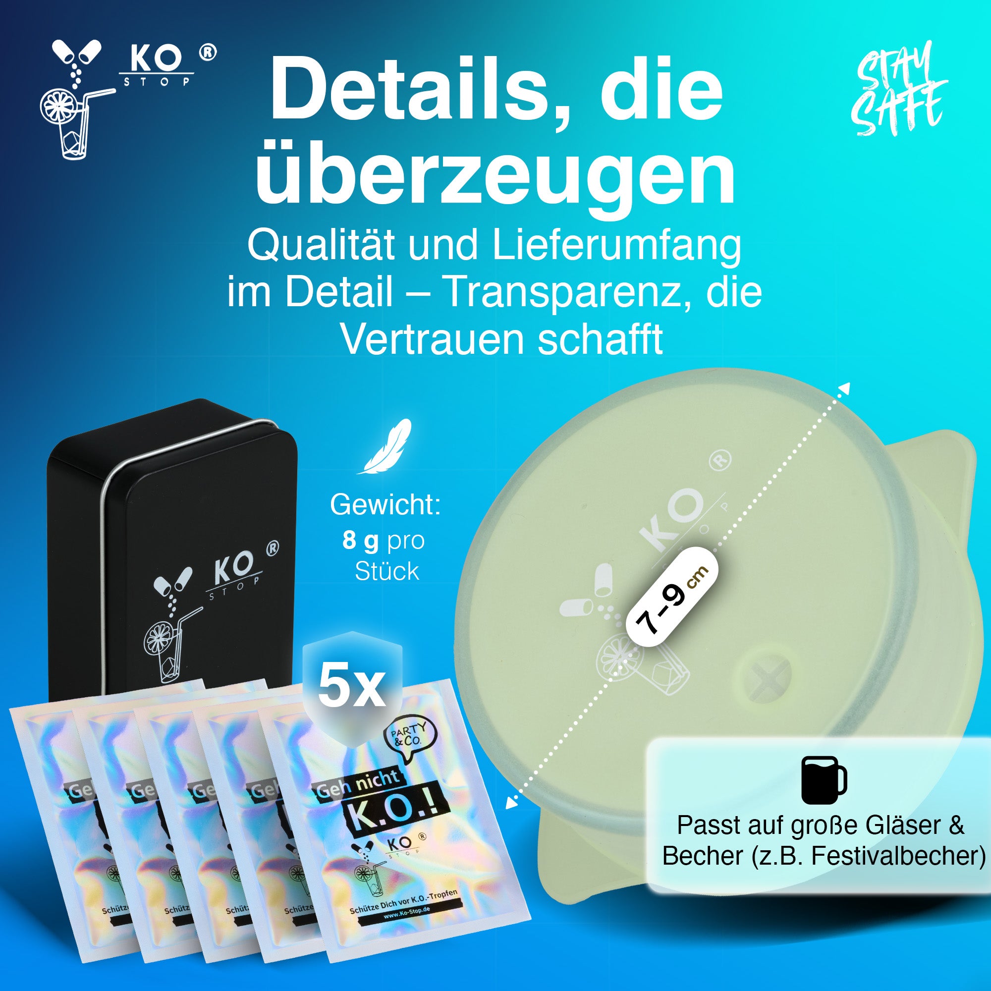 Ko Stop  Getränkeschutz 5er-Pack, 6–8 cm – flexibler Silikon-Schutzdeckel,
passt auf Gläser und Becher, schützt vor Ko Tropfen und Insekten