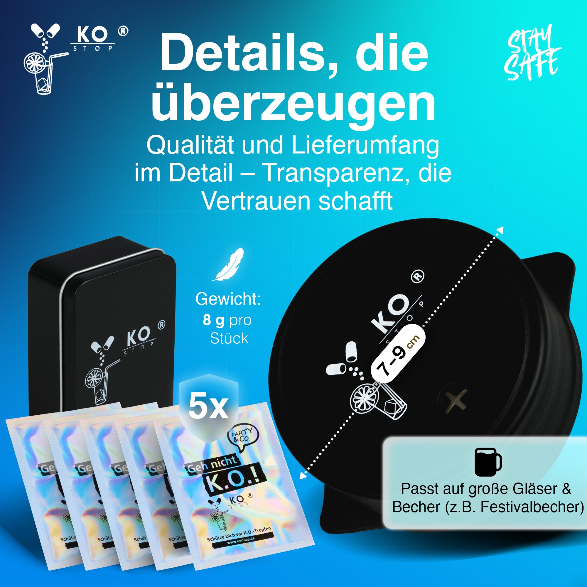 Ko Stop Getränkeschutzdeckel schwarz 7–9 cm – flexibler Silikon-Deckel
für Festivalbecher und große Gläser, sicher gegen Ko Tropfen