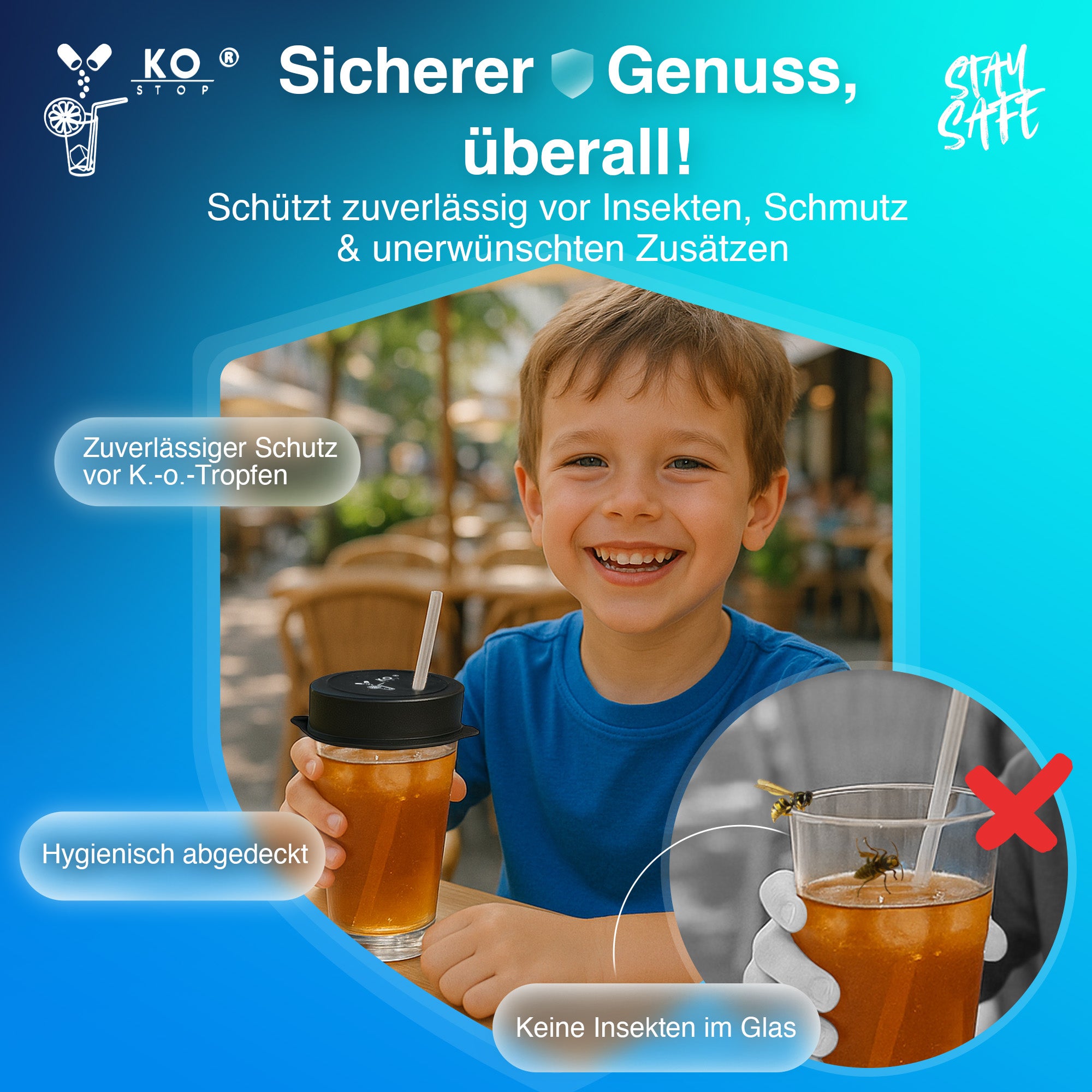 Kinderfreundlicher Ko Stop Trinkschutzdeckel schwarz – sicherer Schutz vor
Insekten, Schmutz und Ko Tropfen für Saftgläser