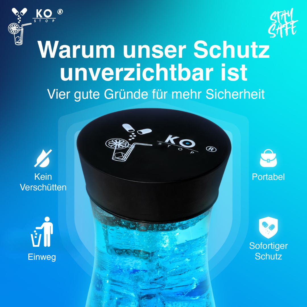 KO-Stop Getränkeabdeckung – portabel, sofortiger Schutz, kein Verschütten,
Einweg-Option gegen K.O.-Tropfen und Verunreinigungen