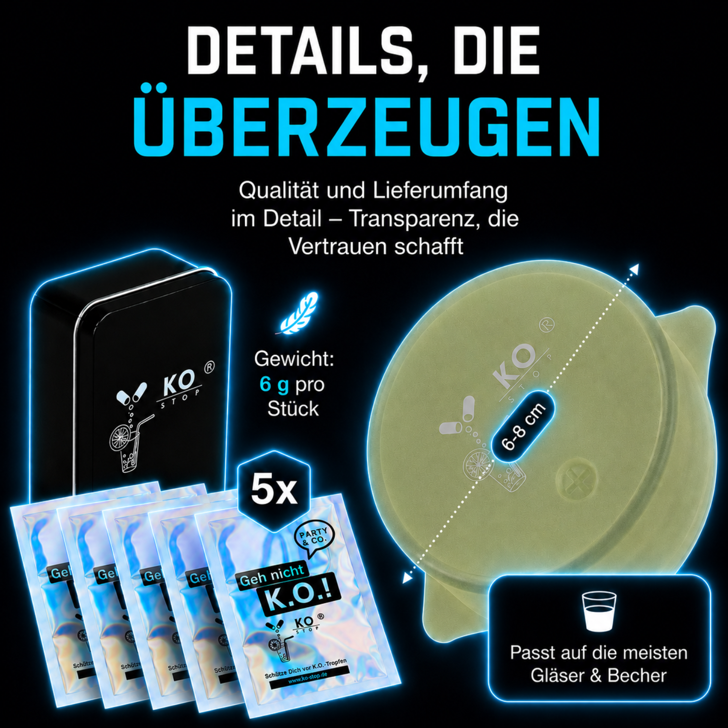 Fluoreszierender KO STOP Glow Getränkeschutz lädt sich bei Tageslicht auf und leuchtet im Dunkeln sowie unter UV- und Schwarzlicht.