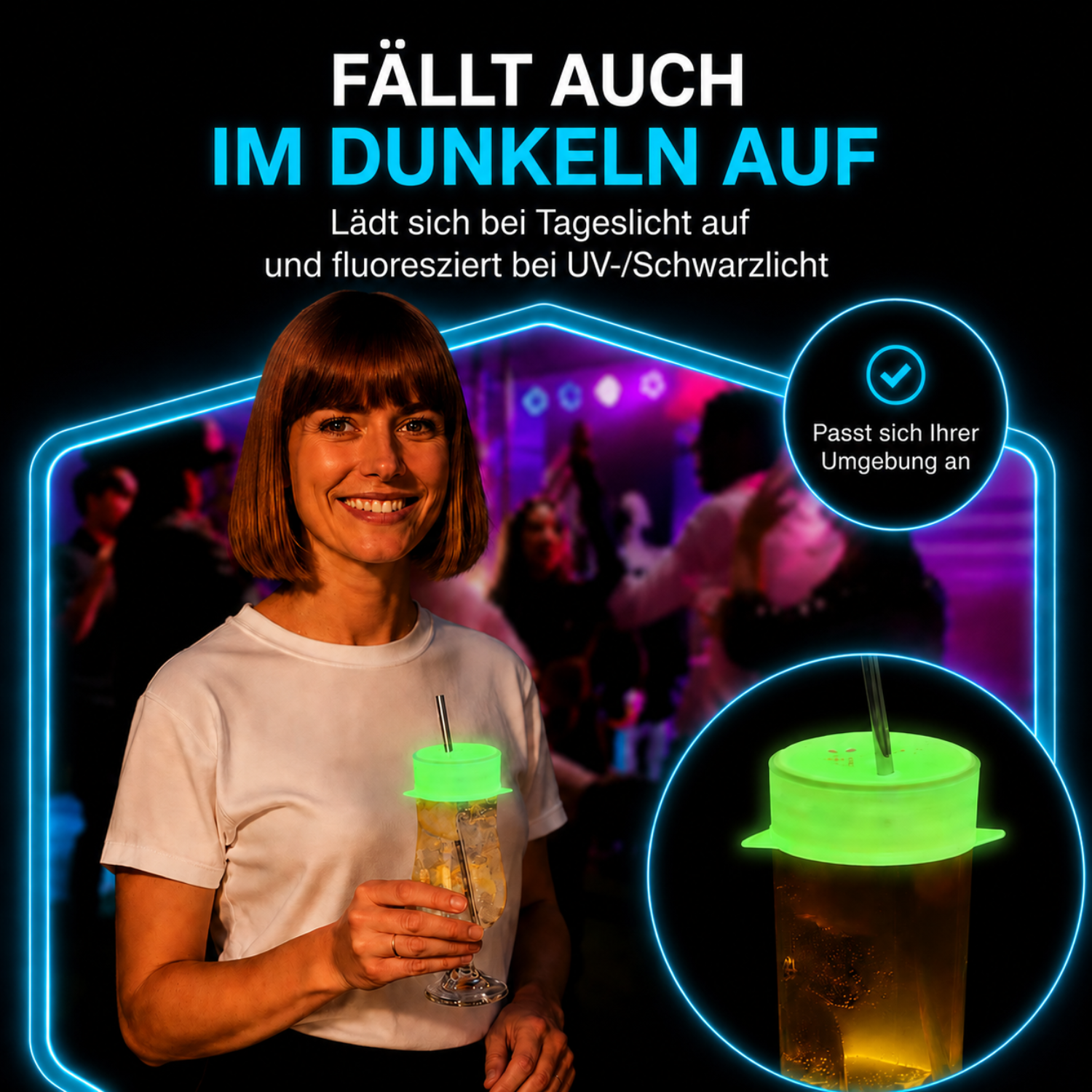 Leuchtender KO STOP Glow Getränkeschutz mit Schlüsselanhänger und Aufbewahrungsbeutel – fluoreszierender Getränkeschutz für Nachtleben, Festivals und Konzerte.