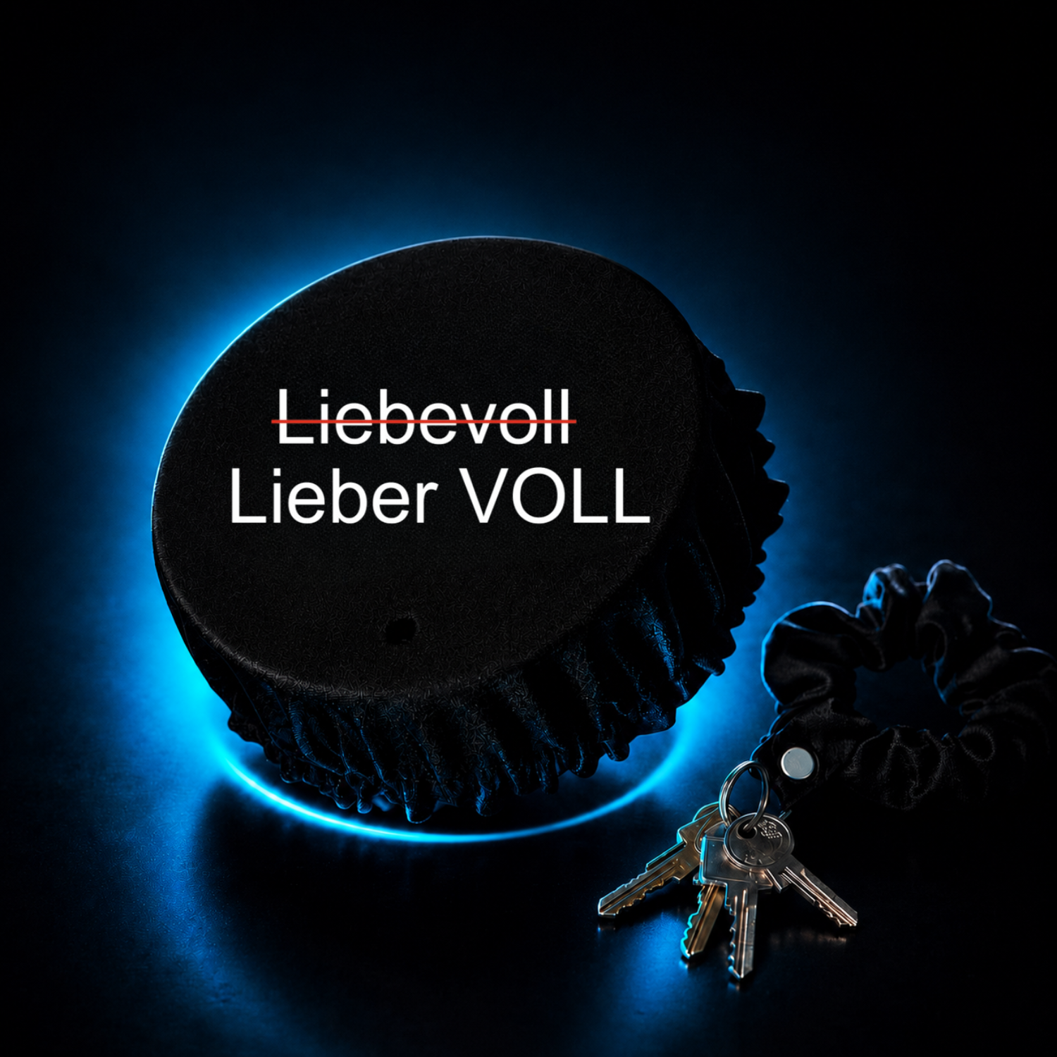 Schwarzer KO STOP Getränkeschutz mit Motiv „Lieber VOLL“ auf beleuchtetem Premium-Hintergrund – wiederverwendbarer Schutzdeckel für Getränke auf Festivals, Events und Partys.