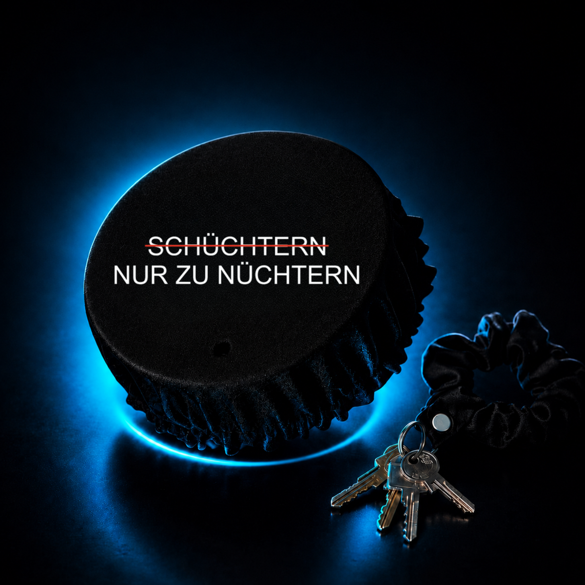 Schwarzer KO STOP Getränkeschutz mit dem humorvollen Spruch „Nur zu nüchtern“ als wiederverwendbare Glasabdeckung für Festivals, Feiern und Events.