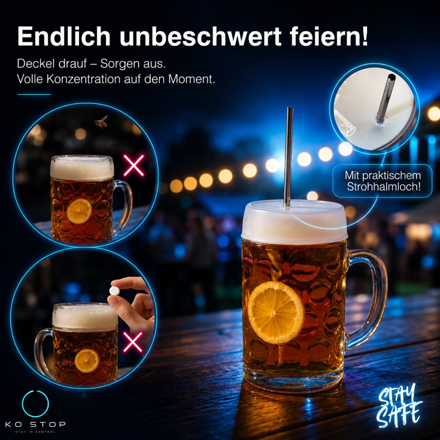 KO STOP® Getränkeschutzdeckel 5er Pack Ø 9–11 cm – Weiß Transparent für 1Liter Krüge - Ko-Stop
