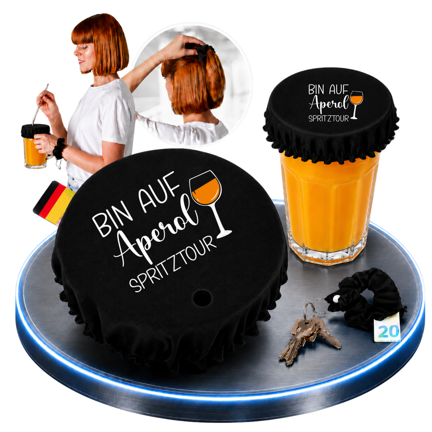 Schwarzer KO STOP Stoff-Getränkeschutz mit dem Spruch „Bin auf Aperol Spritz Tour“ und Aperol-Glas-Motiv. Wiederverwendbarer Getränkeschutz mit integriertem Haarband, Schlüsselanhänger und Geheimfach für Festivals, Partys, Aperol-Abende und Junggesellinnenabschiede.