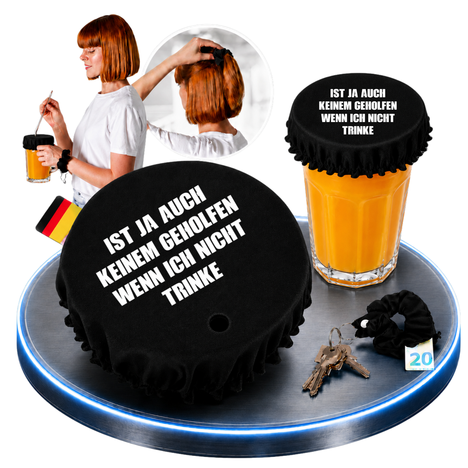 Schwarzer KO STOP Stoff-Getränkeschutz mit dem lustigen Spruch „Ist ja auch keinem geholfen, wenn ich nicht trinke“. Wiederverwendbarer Getränkeschutz mit integriertem Haarband, Schlüsselanhänger und Geheimfach für Festivals, Partys, Junggesellenabschiede und gesellige Abende.