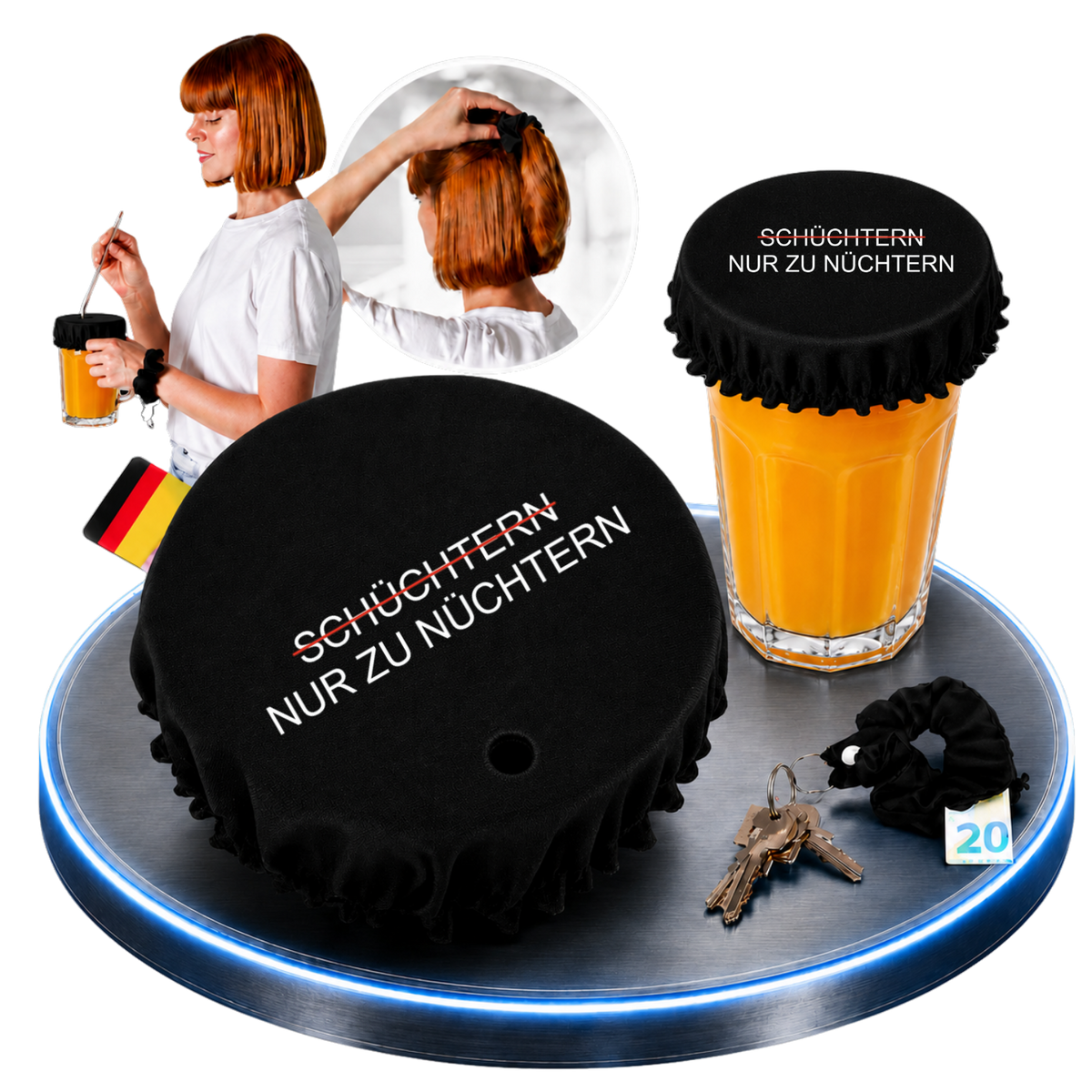 Schwarzer KO STOP Stoff-Getränkeschutz mit dem humorvollen Spruch „Nur zu nüchtern“. Wiederverwendbarer Drink Cover mit integriertem Haarband, Schlüsselanhänger und Geheimfach für Festivals, Partys, Junggesellenabschiede und gesellige Abende.