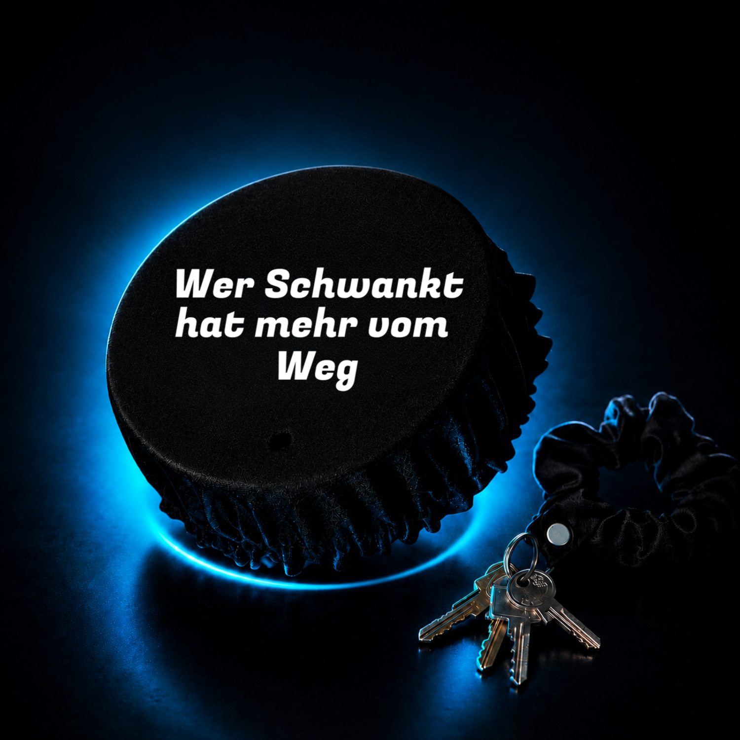 Schwarzer KO STOP Getränkeschutz mit „Wer schwankt hat mehr vom Weg“ Spruch im Premium Festival und Club Design mit Neonlicht.