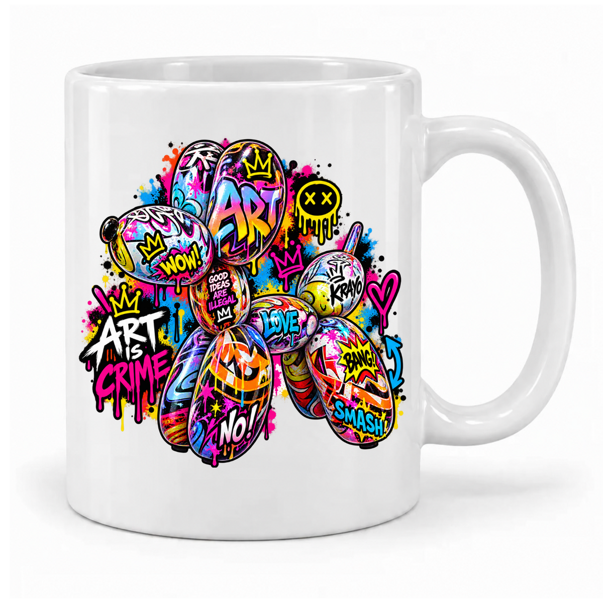 Weiße Krayo-Art-Tasse mit buntem Graffiti-Ballonhund, Kronen und Schriftzug „Art is Crime“, Griff rechts