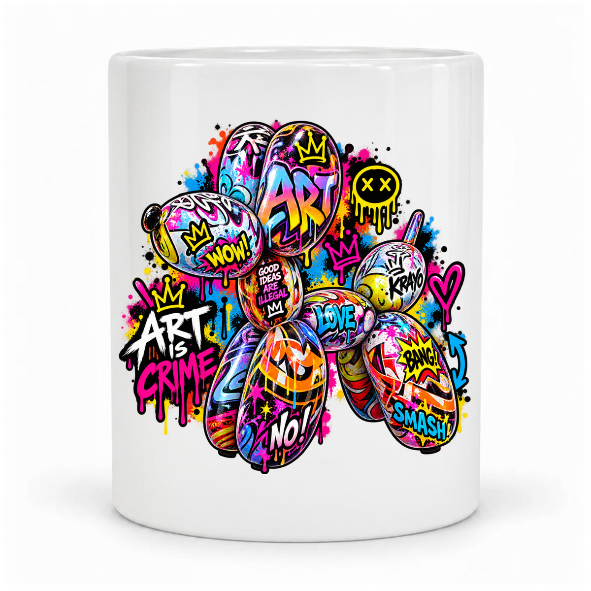 Weiße Krayo-Art-Tasse mit buntem Graffiti-Ballonhund, Kronen und Schriftzug „Art is Crime“, Vor Kopf bedruckt