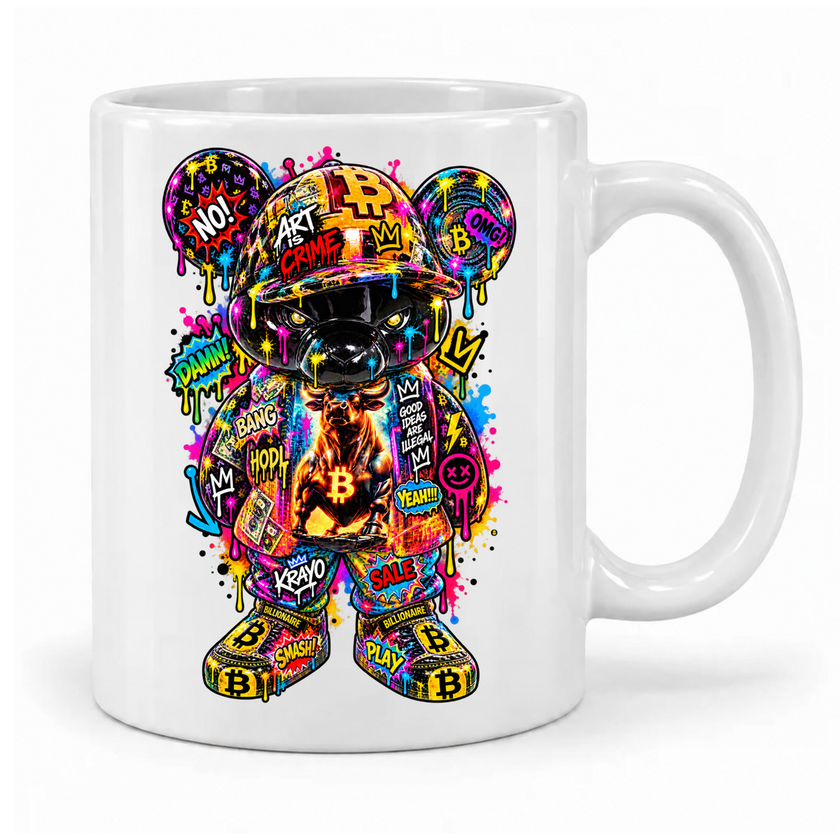 Weiße Krayo-Art-Tasse mit buntem Graffiti-Bären, Bitcoin-Symbolen und Bullenmotiv, Griff rechts