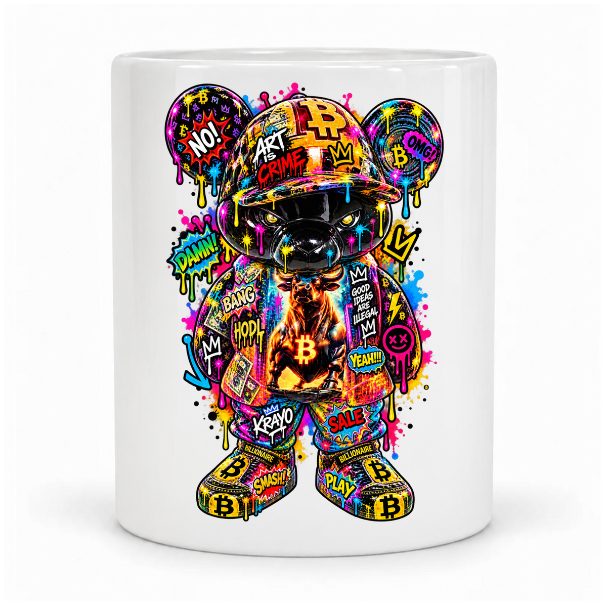 Weiße Krayo-Art-Tasse mit buntem Graffiti-Bären, Bitcoin-Symbolen und Bullenmotiv, vor Kopf bedruckt